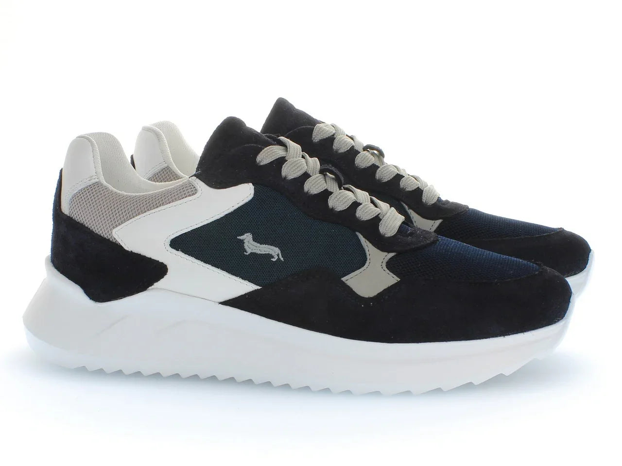 Sneakers uomo nere e blu in suede con dettagli bianchi, logo ricamato laterale, suola spessa