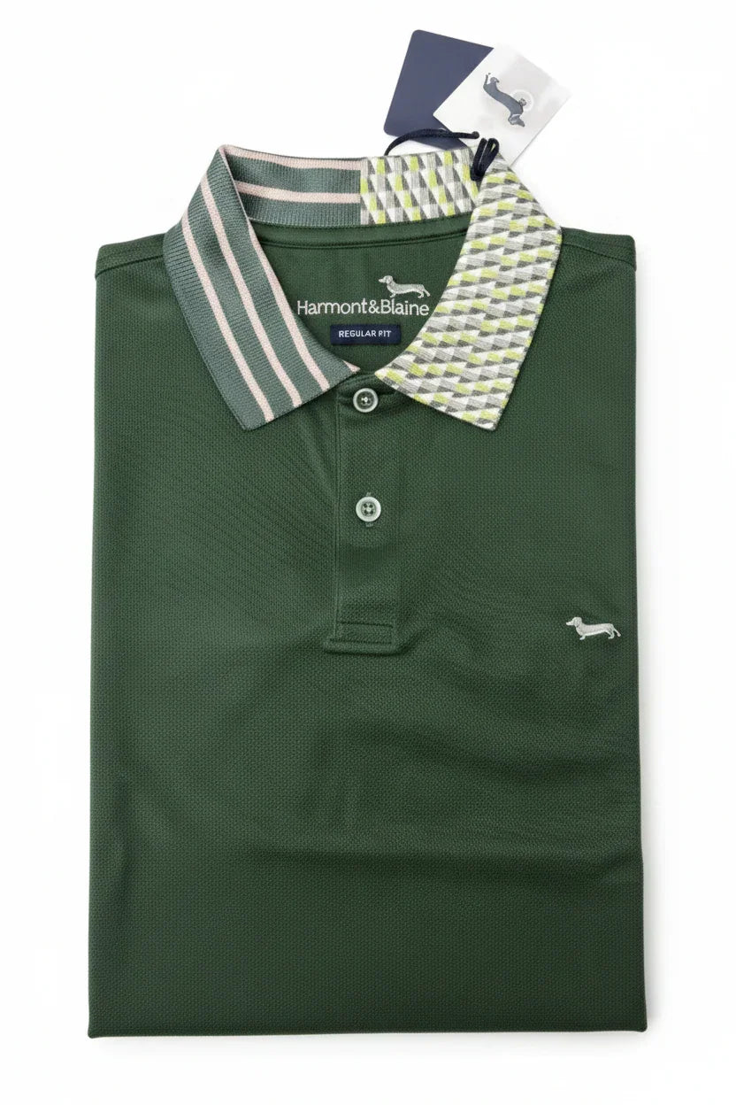 Polo verde da uomo Harmont & Blaine con colletto fantasia e logo ricamato, moda elegante.