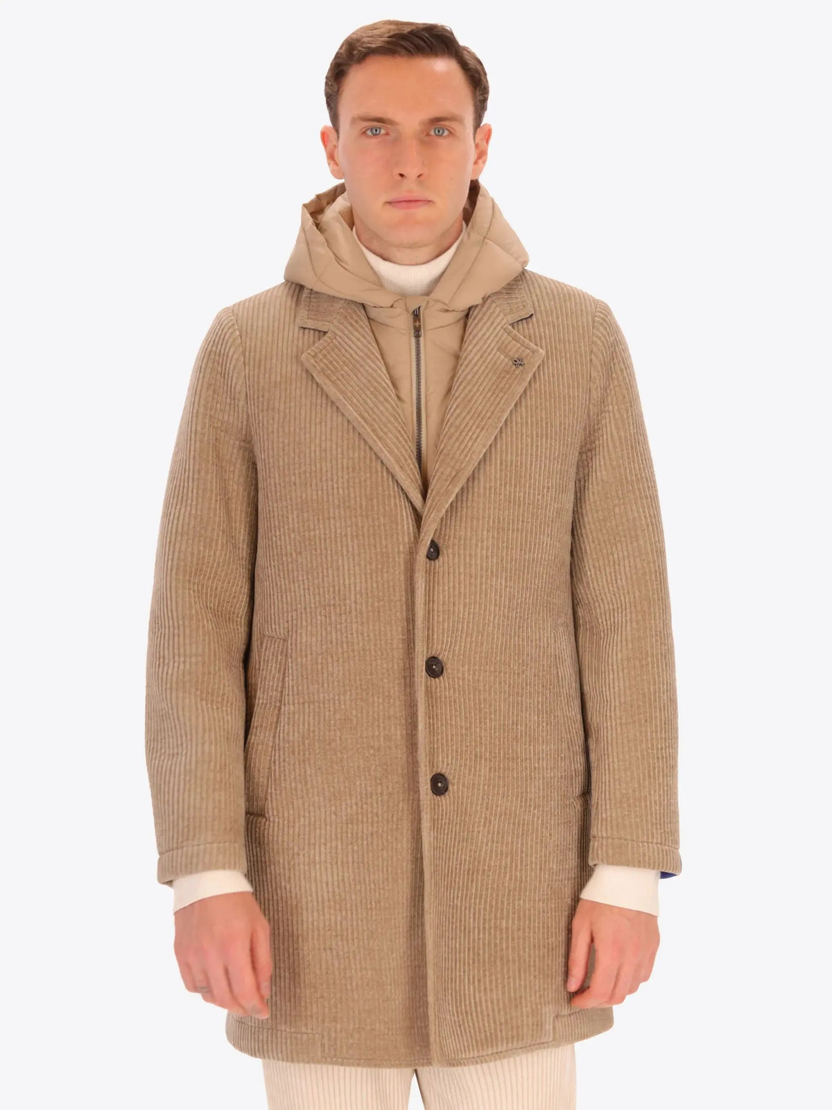Cappotto DISTRETTO12 Alba CP1316T0499 Cacha sabbia - Vista frontale con pettorina