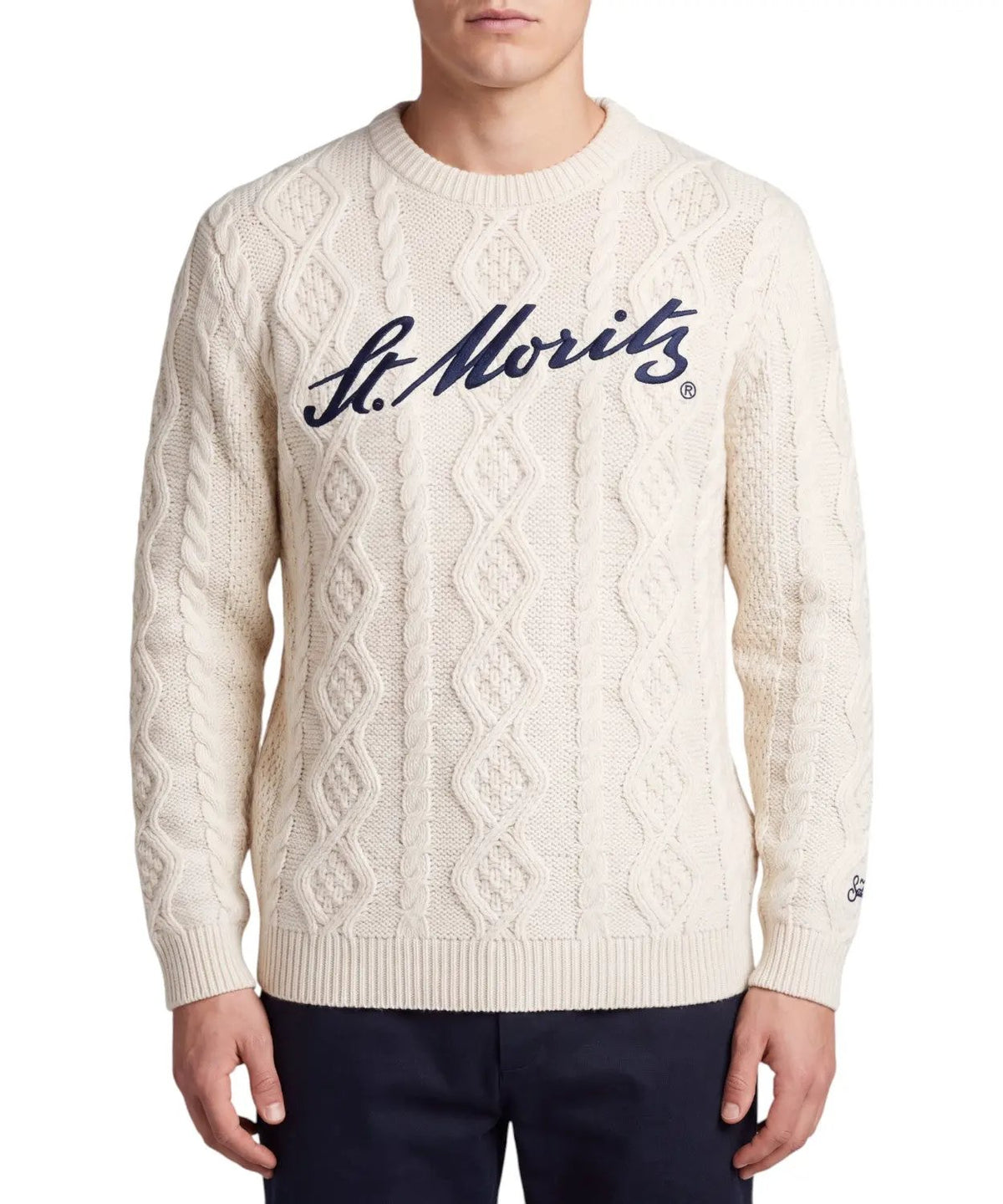 Maglione Bergen Tricot MC2 Saint Barth panna lavorazione a treccia indossato
