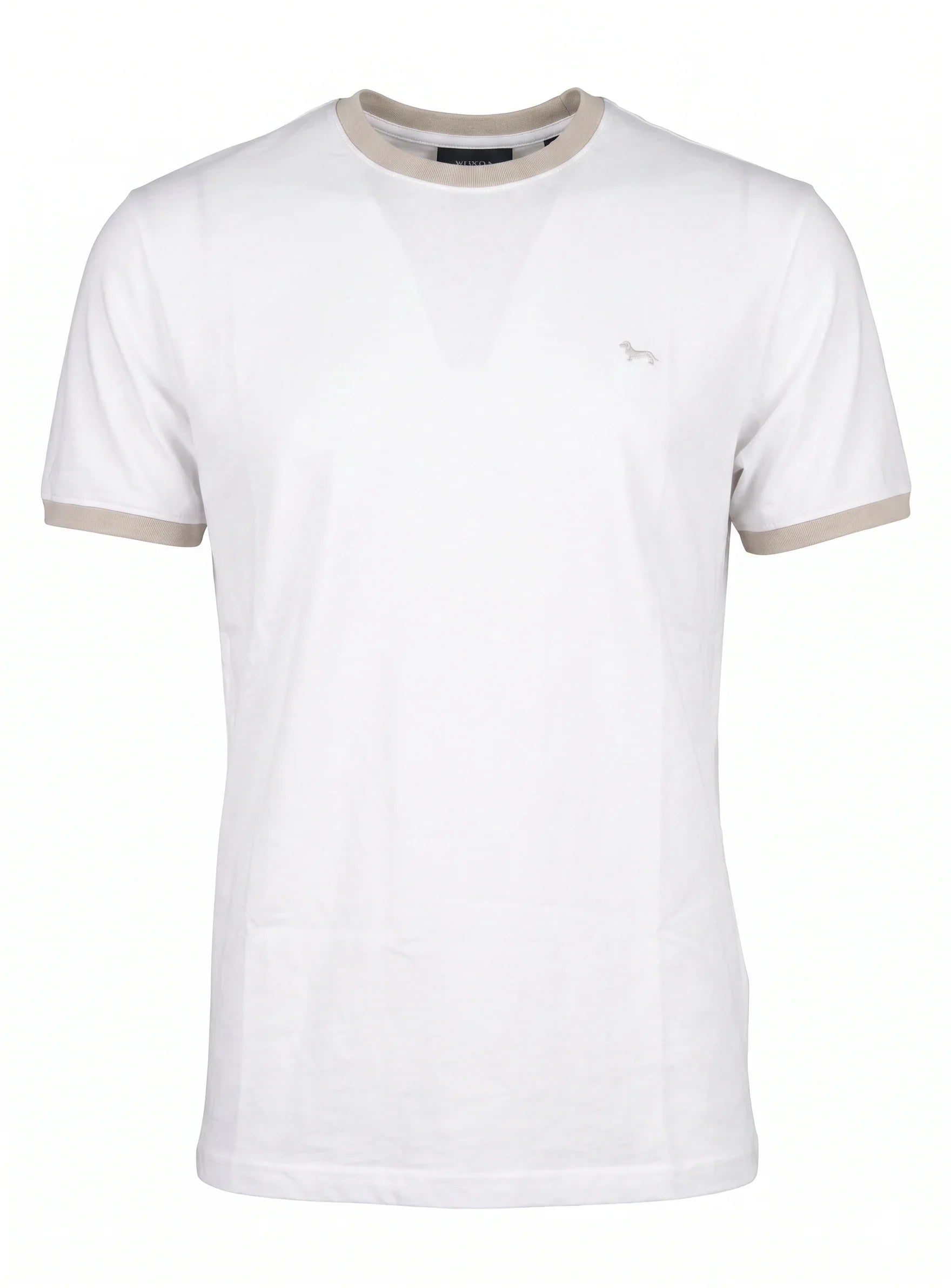 T-shirt uomo bianca con colletto e bordi beige, logo piccolo sul petto, moda casual