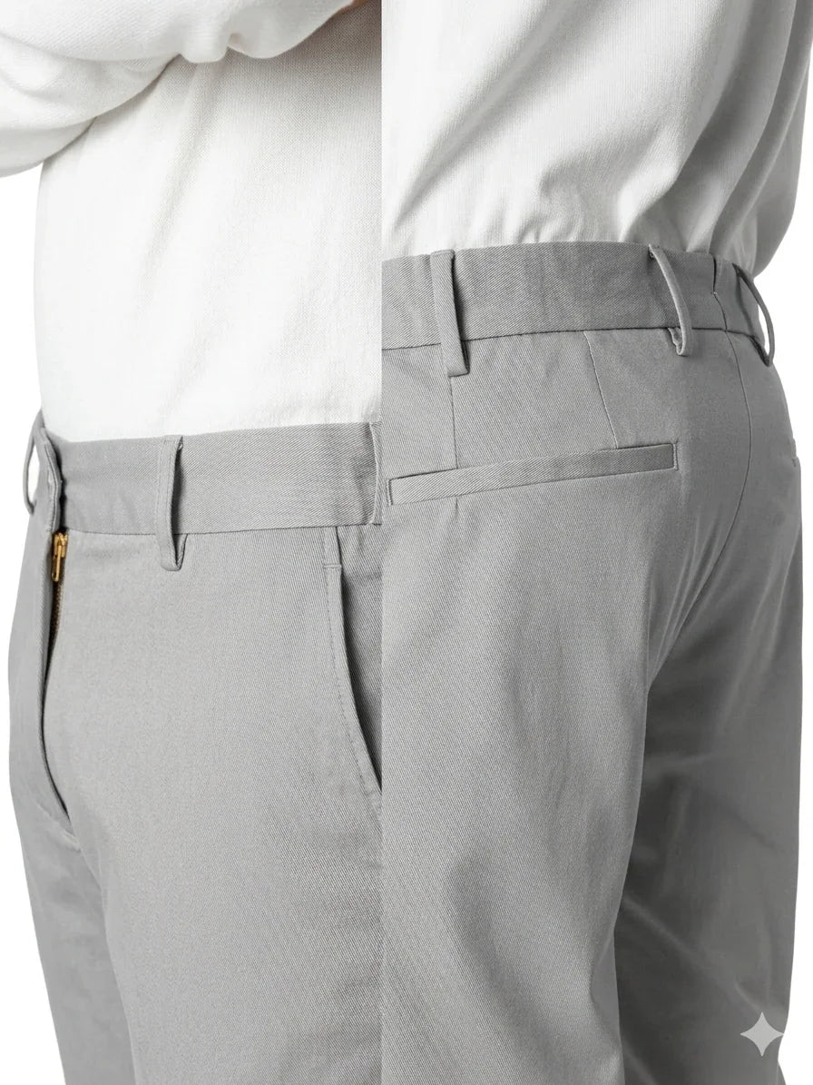 Pantaloni uomo eleganti grigi, vestibilità slim, tessuto leggero, dettagli minimalisti