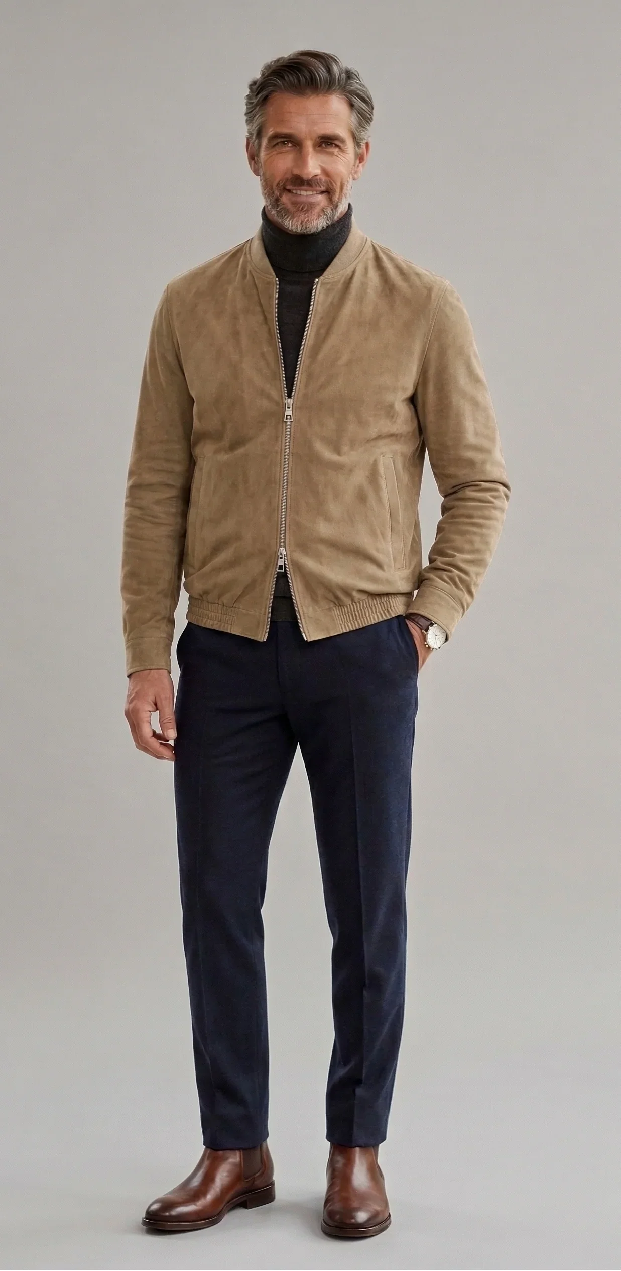 Uomo elegante con giubbotto beige, dolcevita nero, pantaloni blu e stivaletti marroni