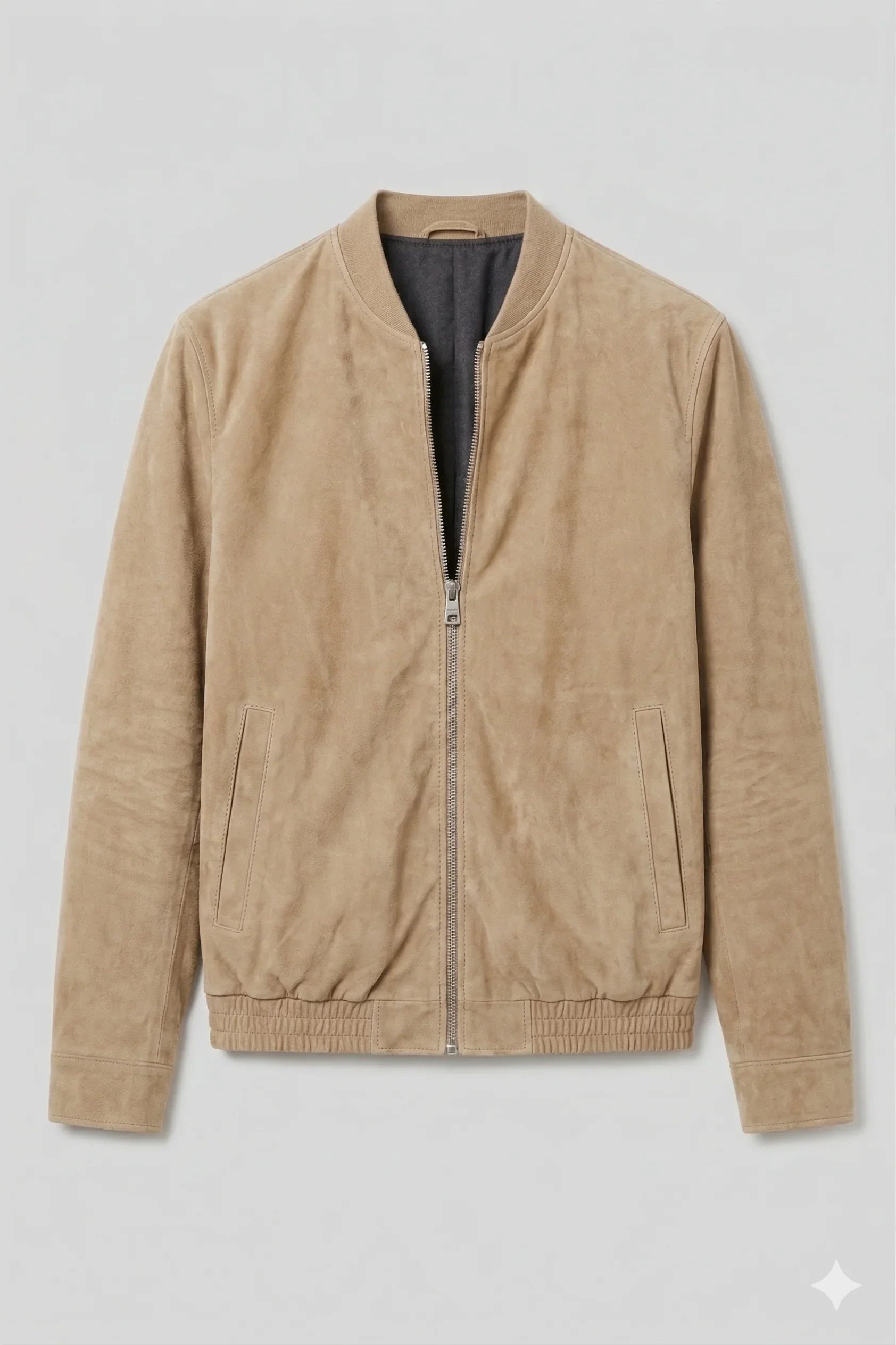 Giubbotto uomo in suede beige con zip frontale, stile casual elegante