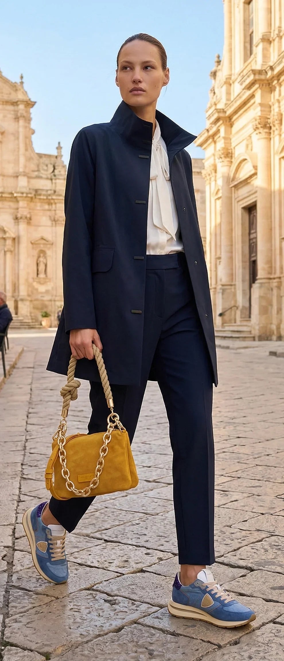 Donna con tailleur blu scuro, borsa gialla e sneaker su strada in pietra, moda elegante casual.