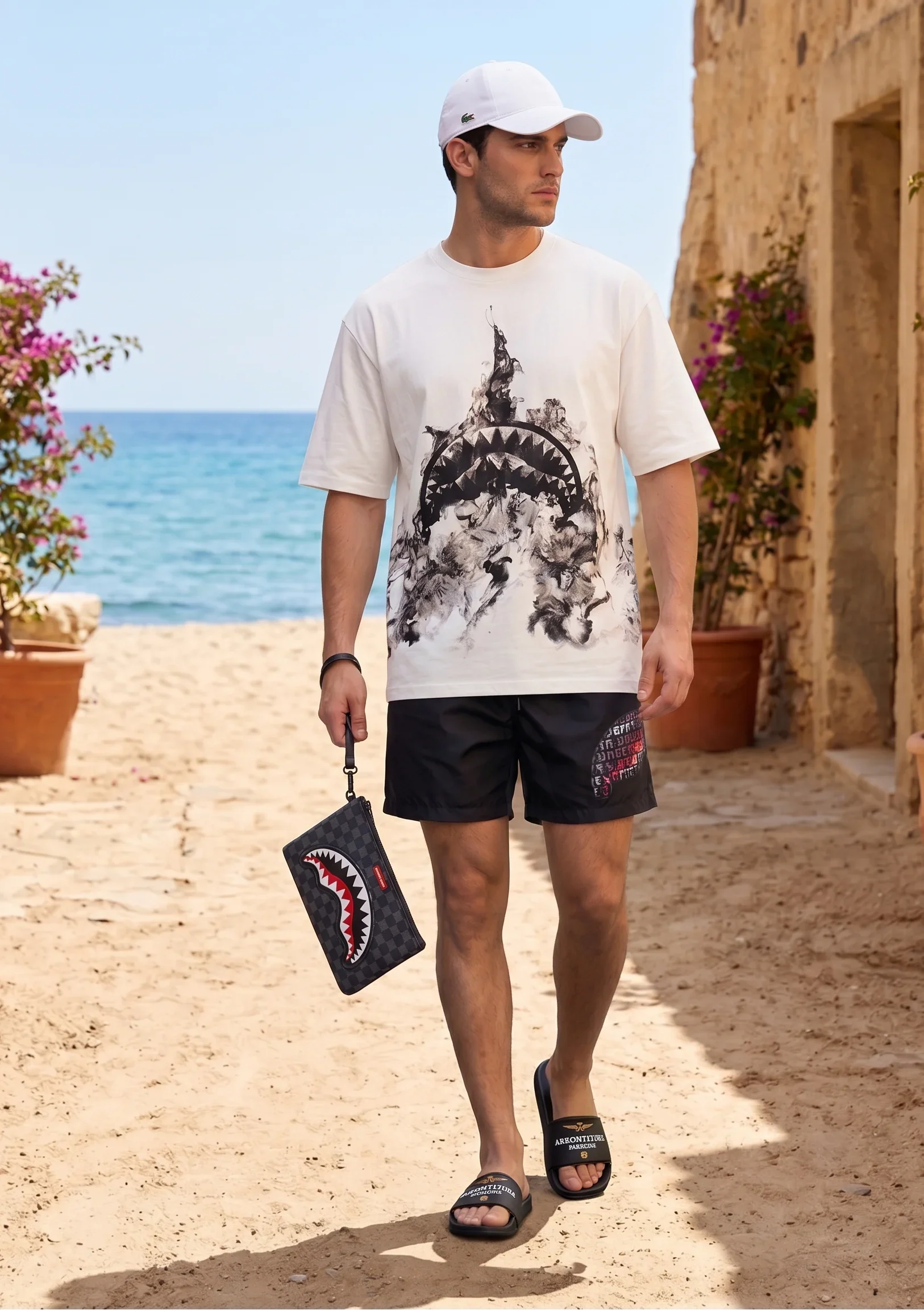 Uomo con t-shirt stampata, bermuda neri e accessori su spiaggia estiva