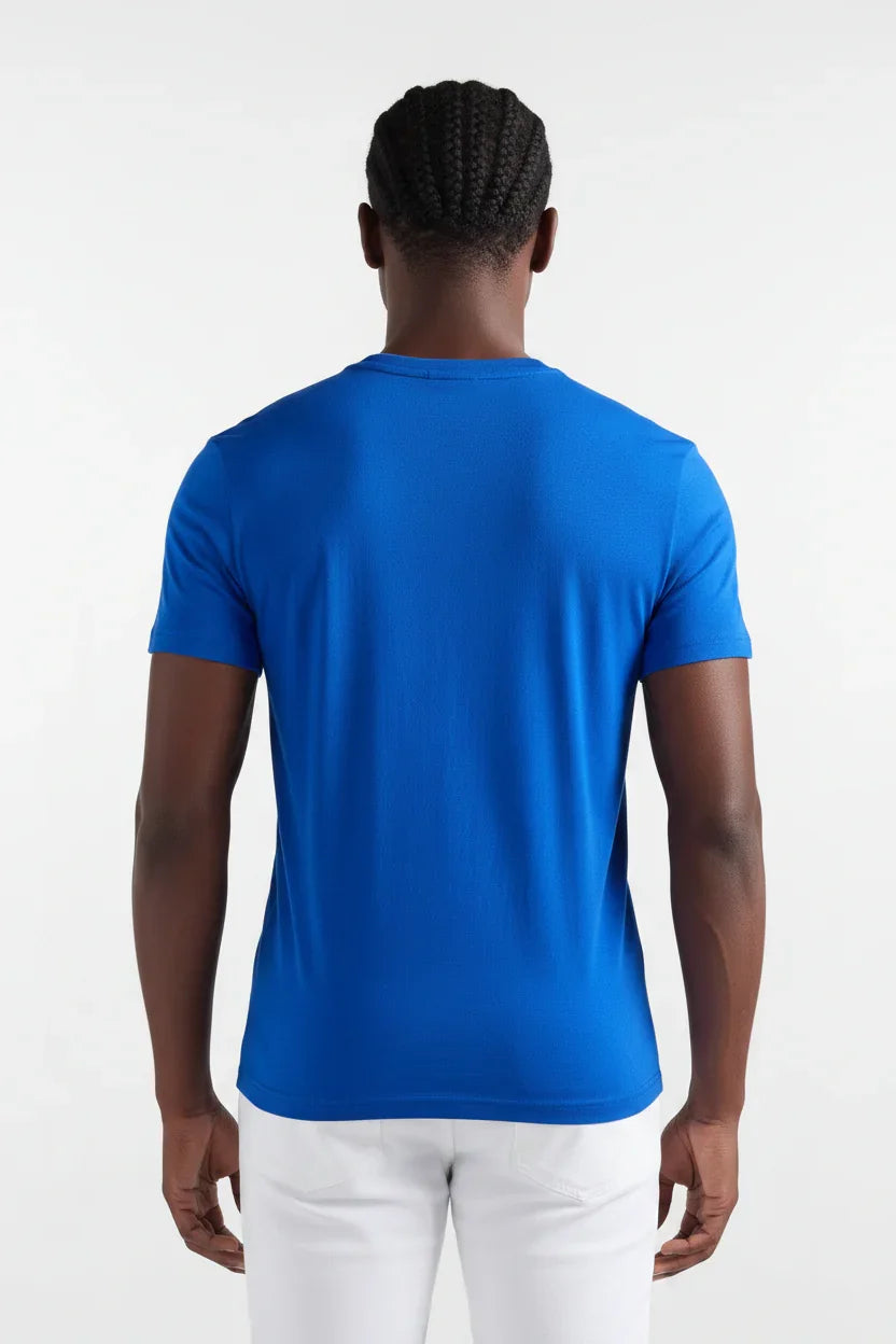 Maglietta uomo blu a maniche corte vista posteriore, abbigliamento casual estivo