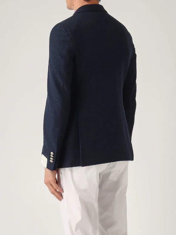 Giacca uomo blu elegante tessuto lavorato, vista posteriore, abbigliamento maschile moda