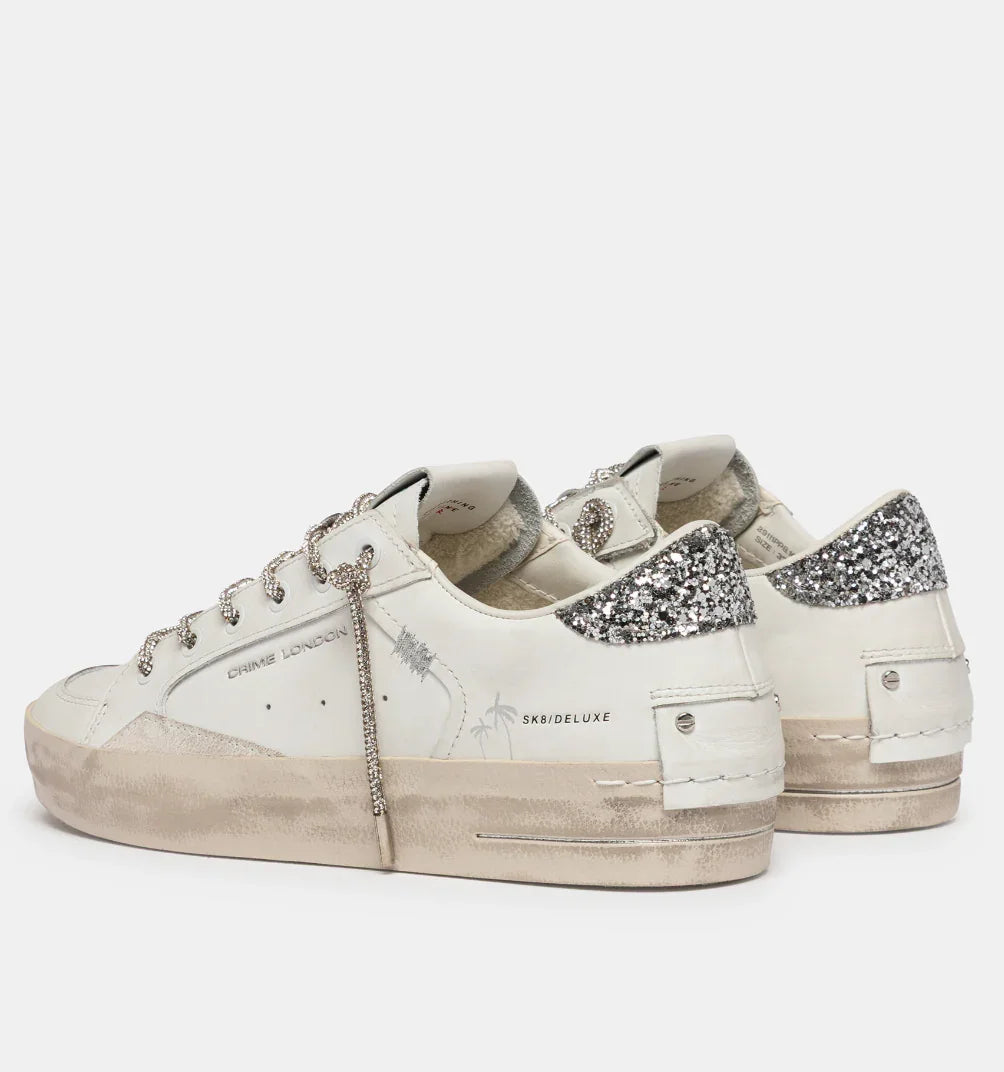 Sneakers donna bianche con glitter argento sul tallone e suola effetto vintage