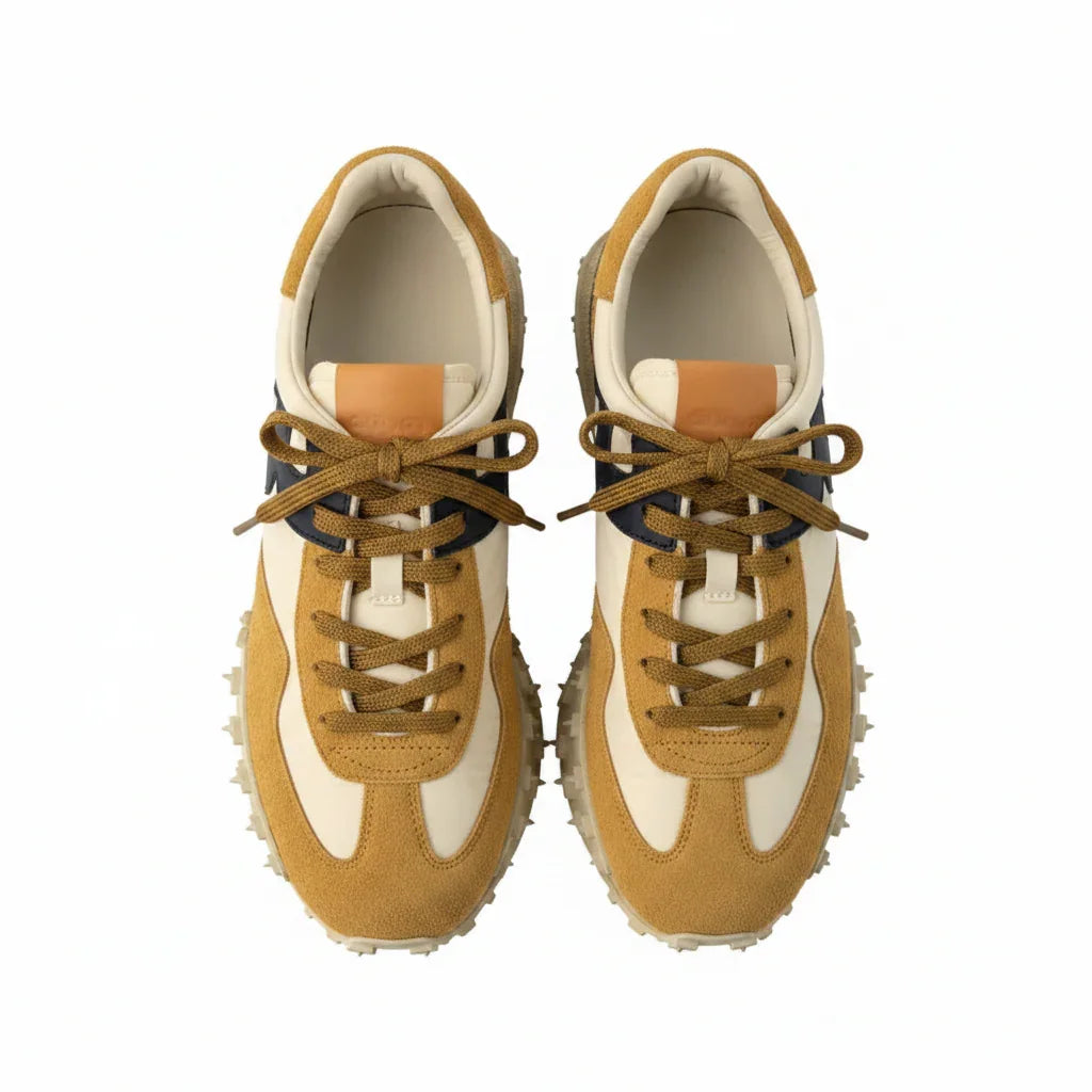 Sneakers uomo beige e marrone con dettagli blu, suola chunky, vista dall’alto