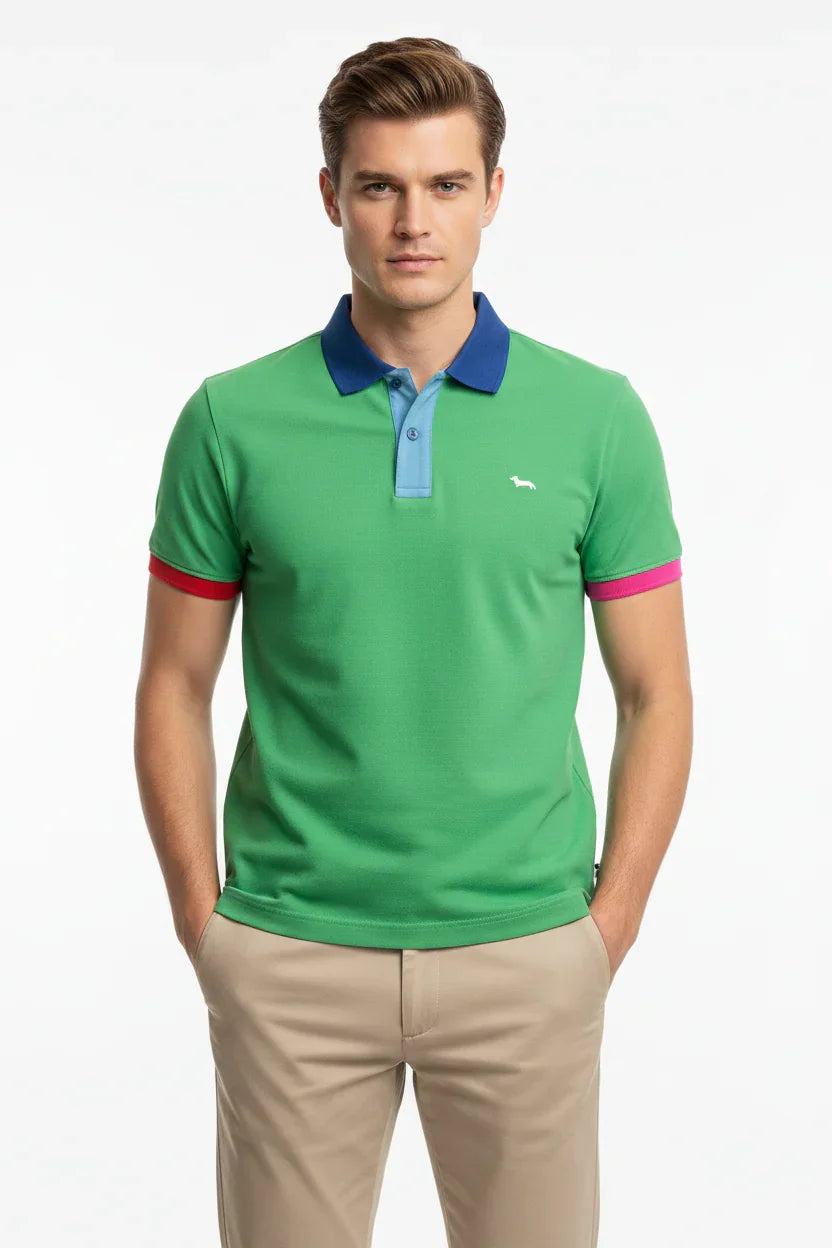 Modello indossa polo verde uomo con dettagli blu e maniche colorate, pantaloni beige