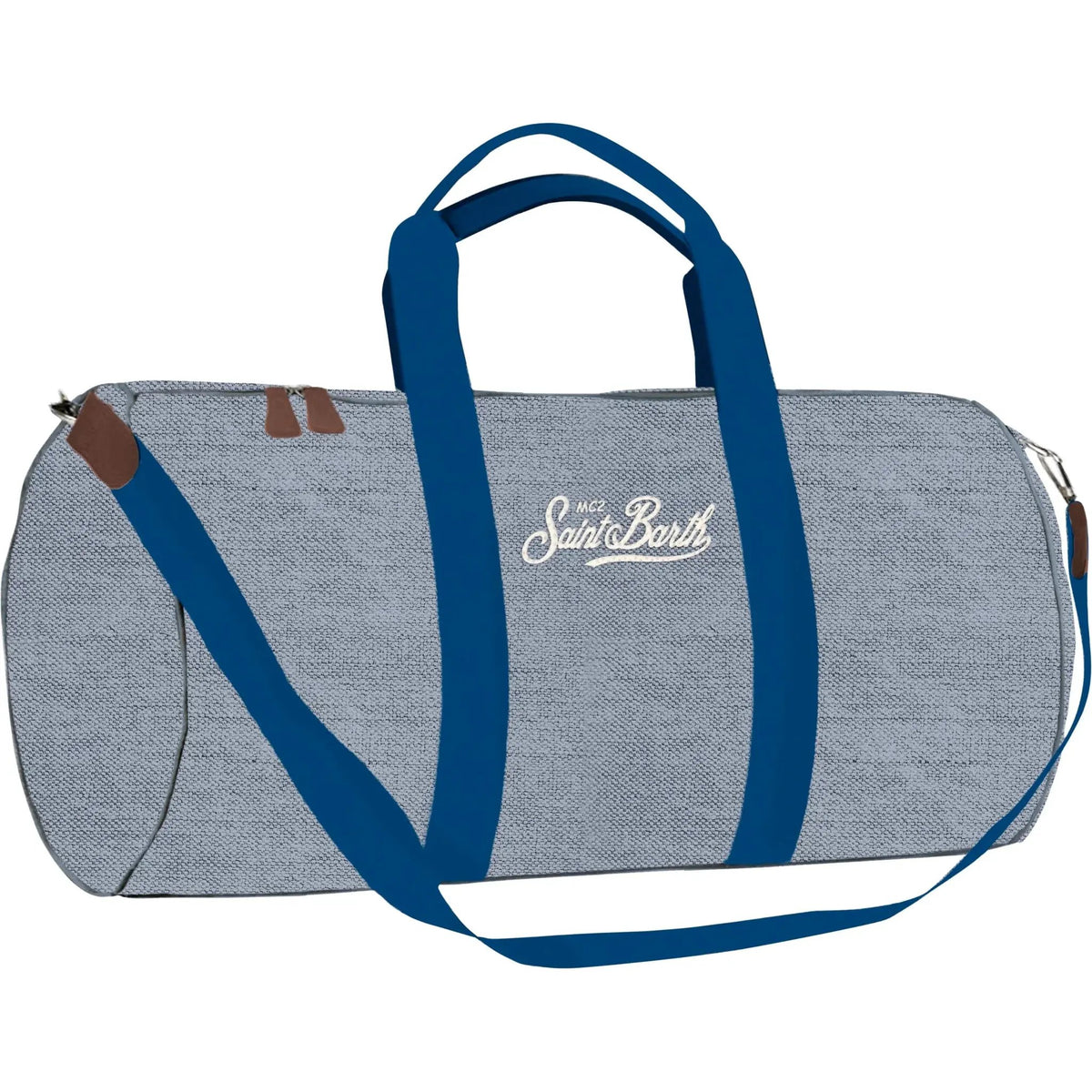 Borsone in lino grigio chiaro con manici e tracolla blu, logo Saint Barth bianco