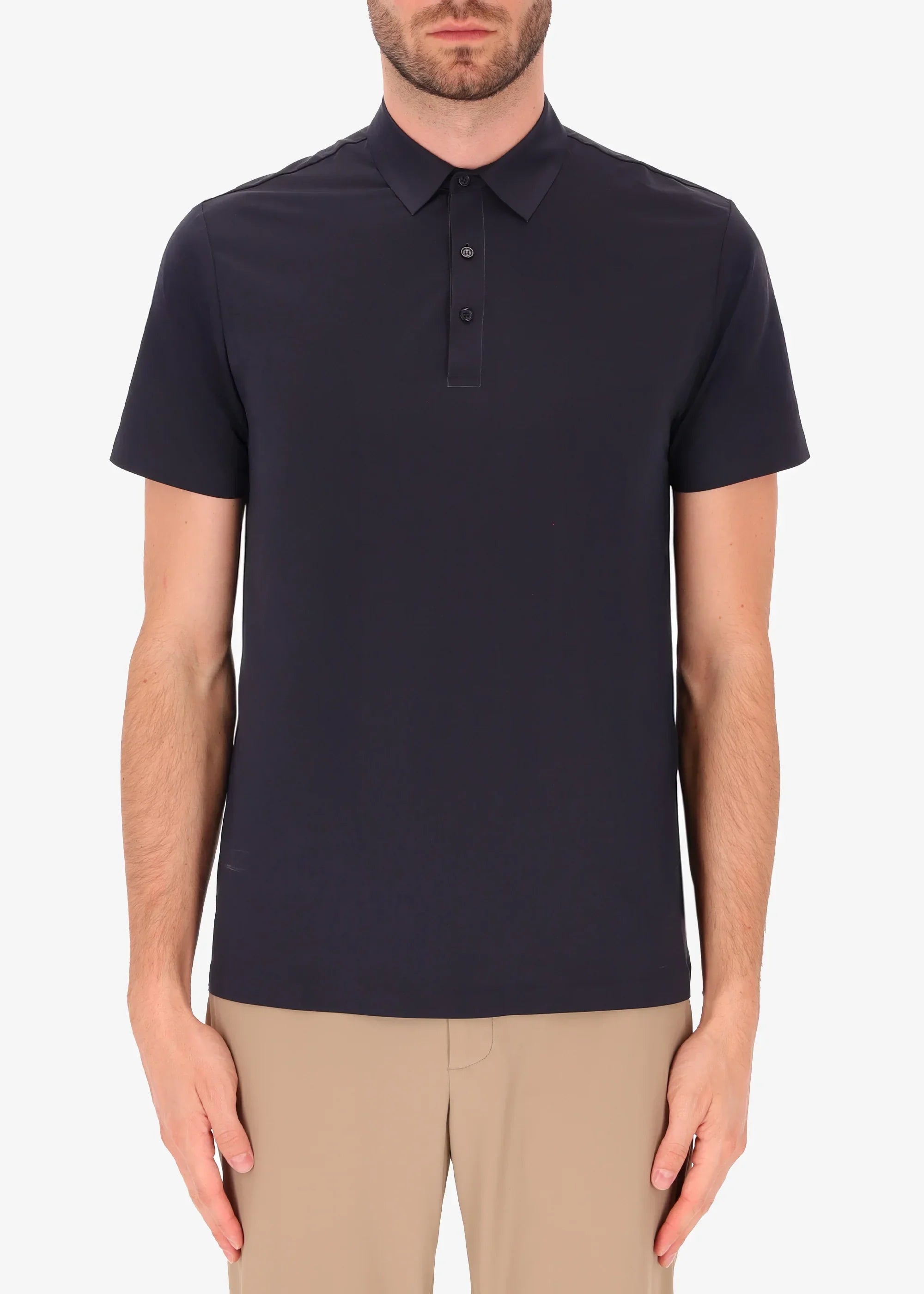 Polo uomo blu a maniche corte, stile elegante, tessuto liscio, vestibilità slim
