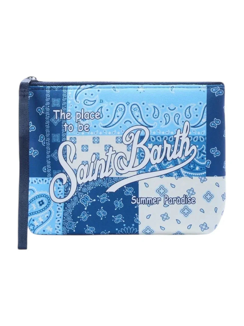 Pochette donna Saint Barth patchwork blu con scritta, motivo foulard, accessorio moda estivo