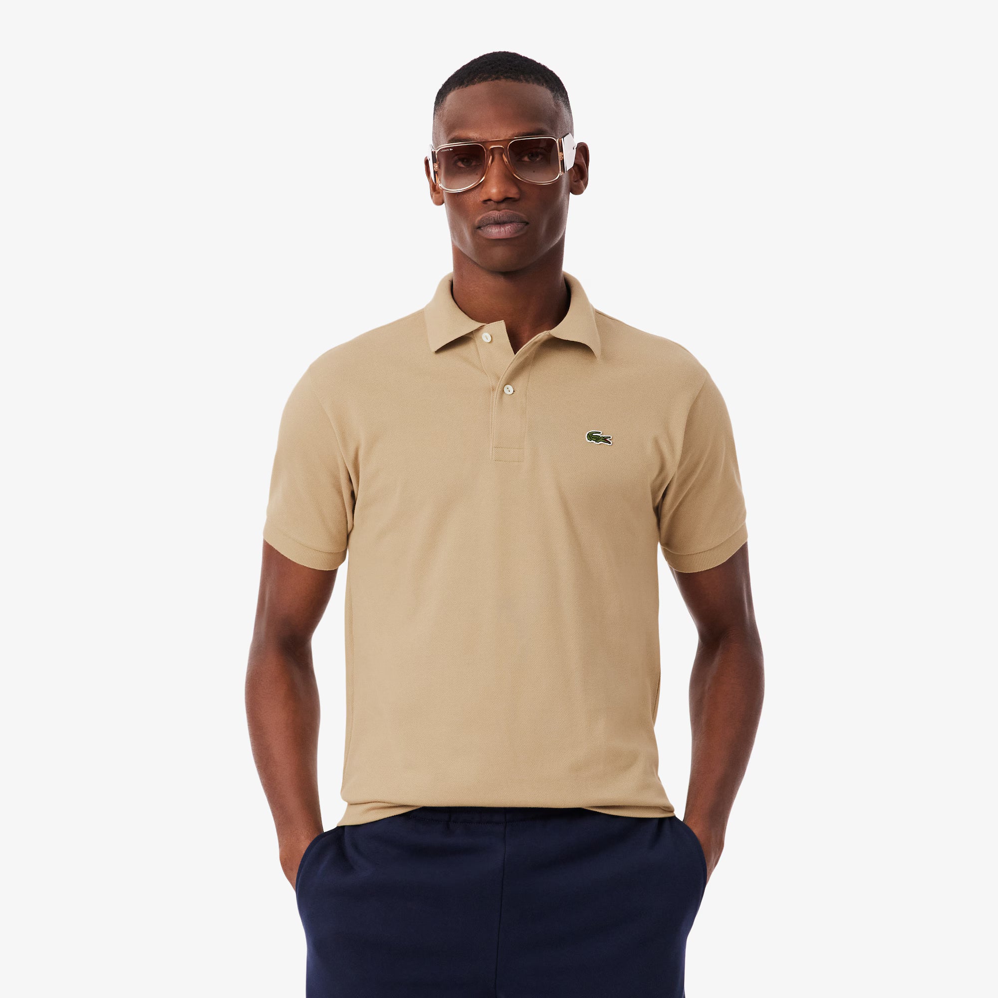 Polo LACOSTE L1212 02S originale dal taglio classico, colore blu, con colletto e bottoni, tessuto morbido e confortevole