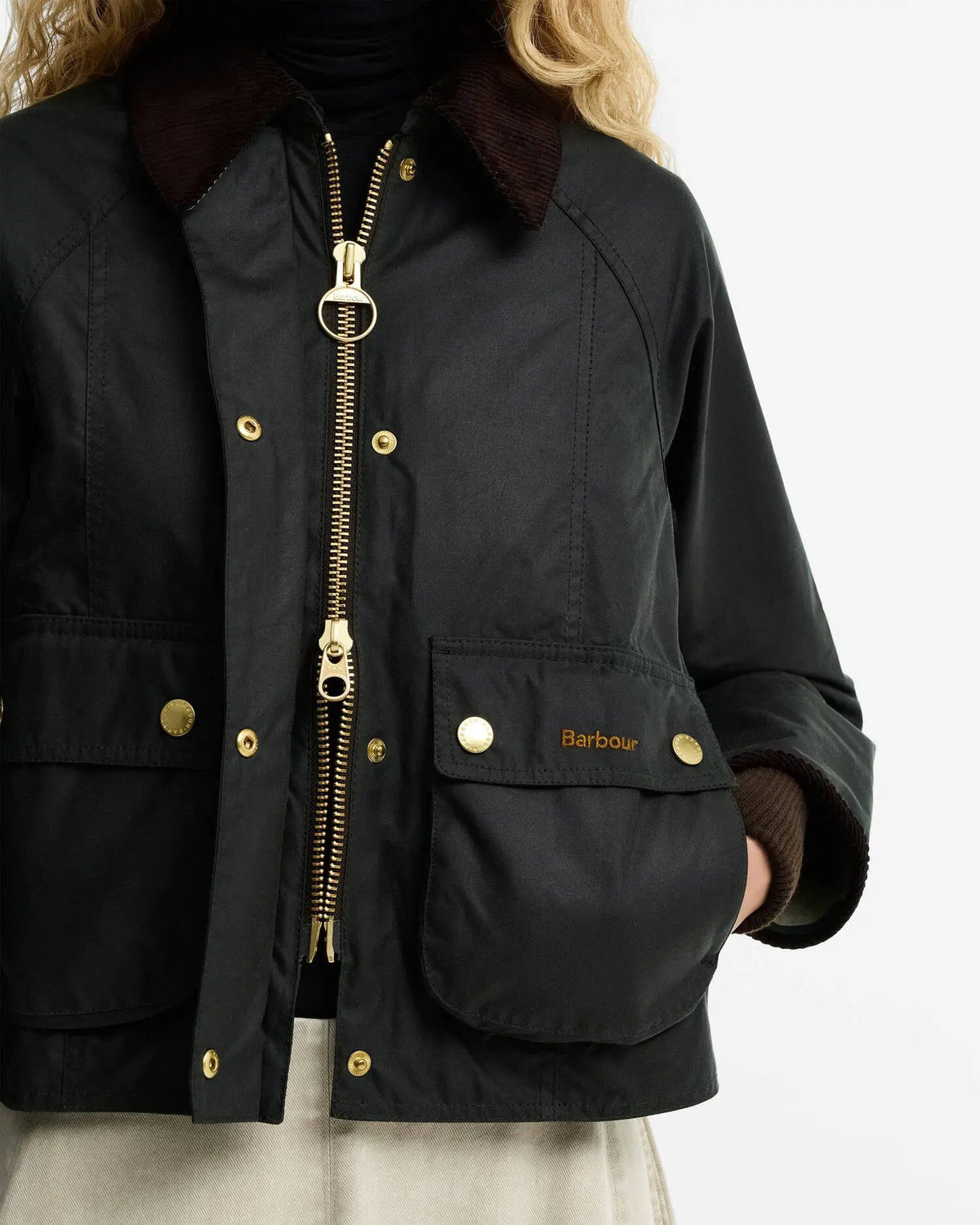 Barbour Cropped Beadnell Waxed Jacket LWX1403 SG51 Sage - dettaglio tasche