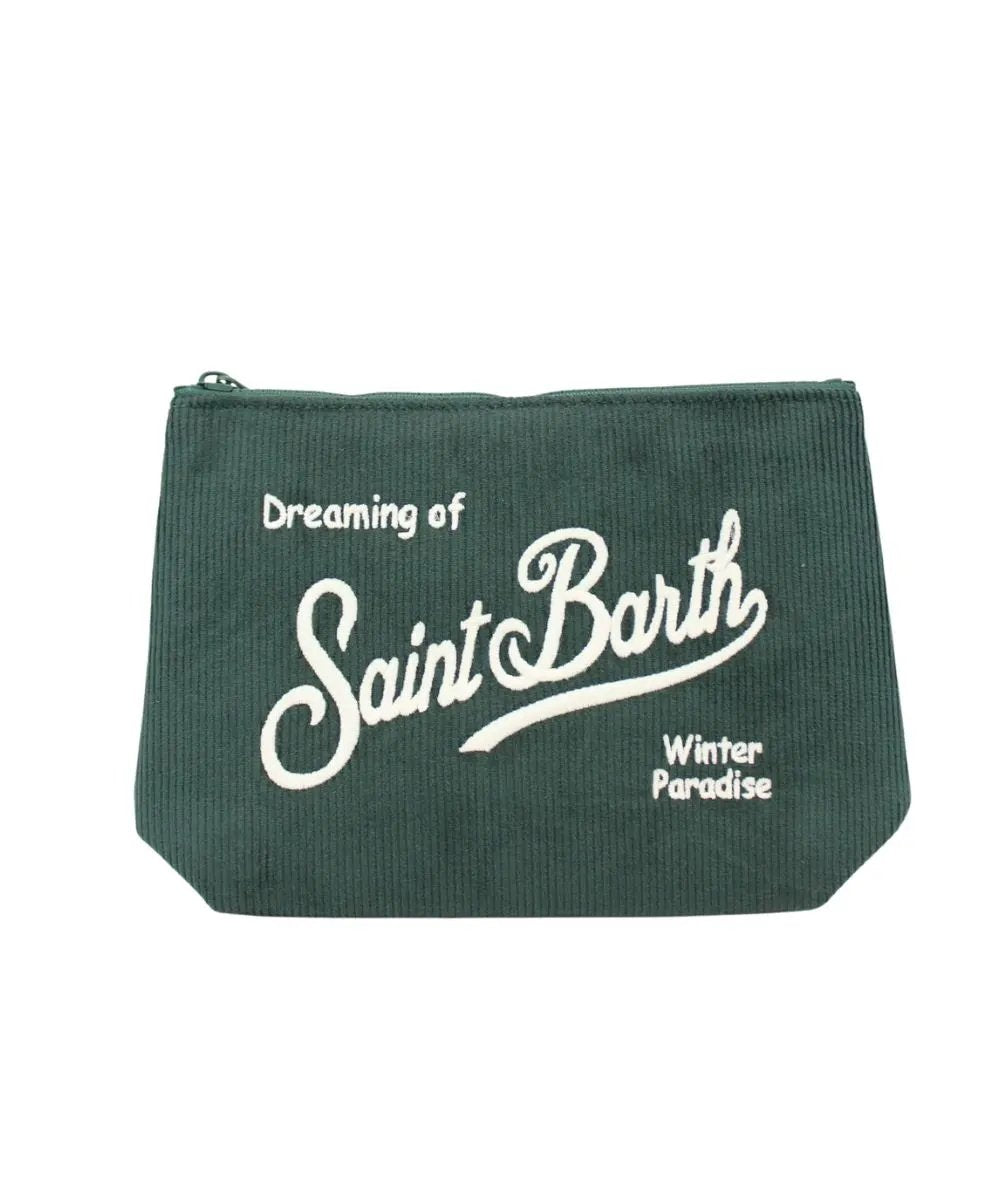 MC2 Saint Barth Clutch Aline Corduroy S British Green - Vista frontale con ricamo