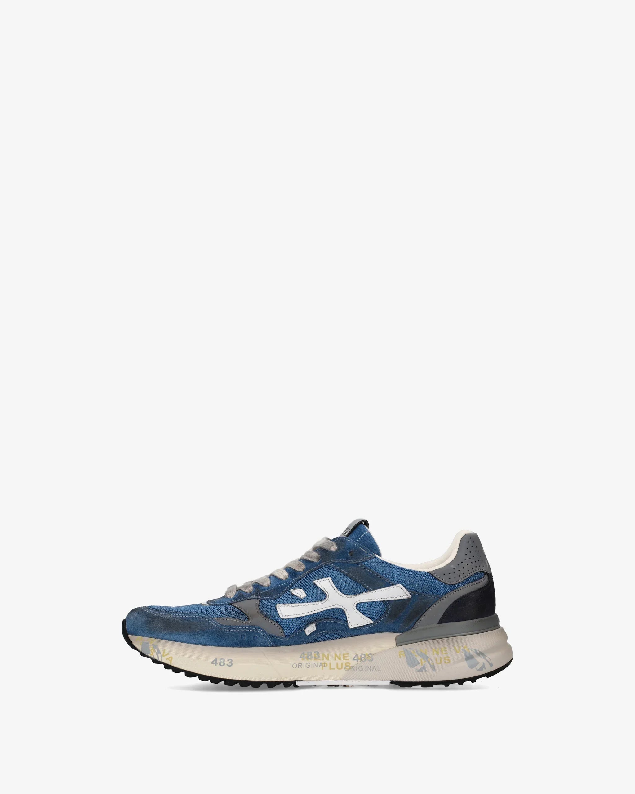 Sneaker uomo blu in suede e tessuto con dettagli bianchi, suola chunky, scarpa sportiva