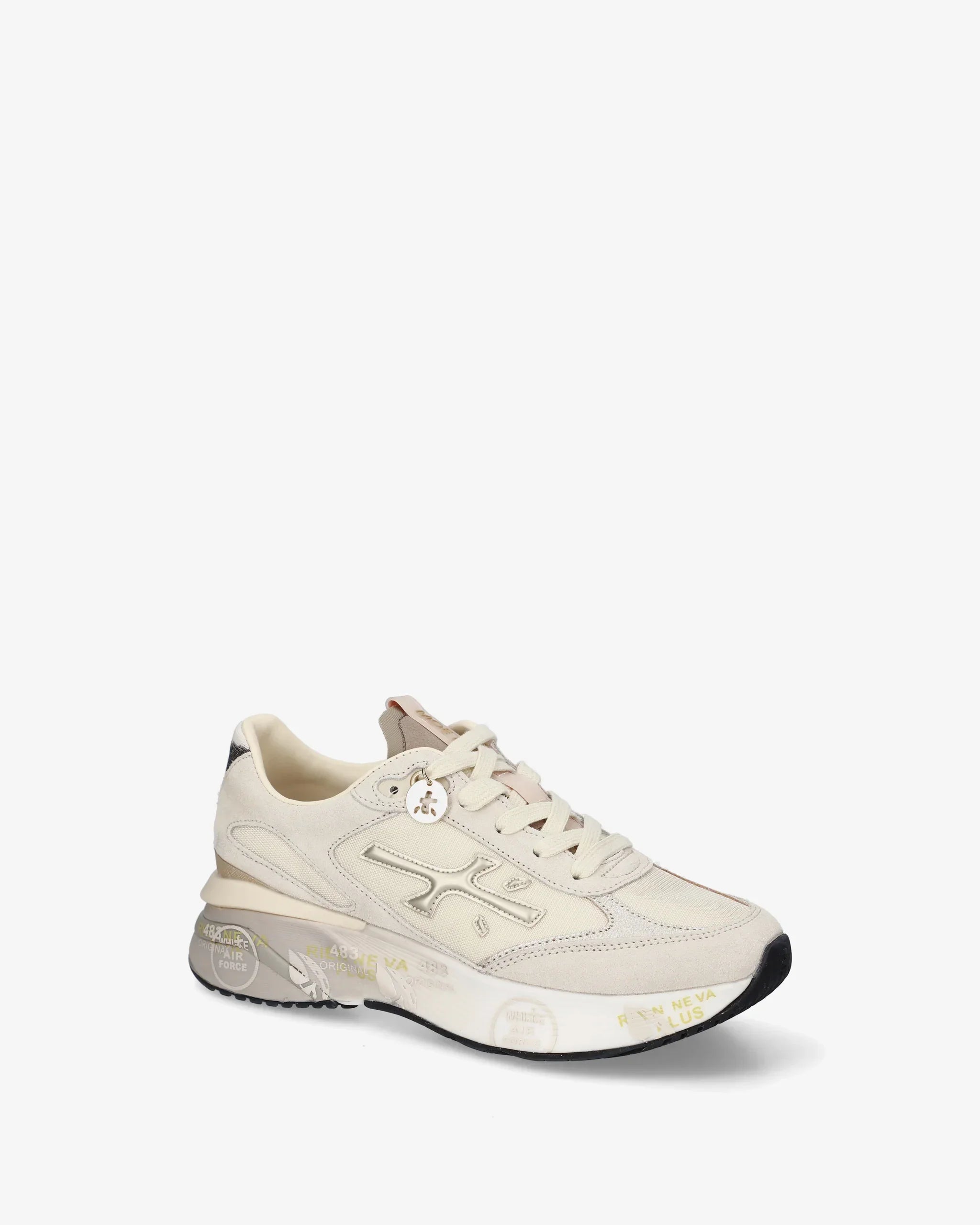 Sneaker donna beige in pelle e tessuto con suola logata, stile casual elegante