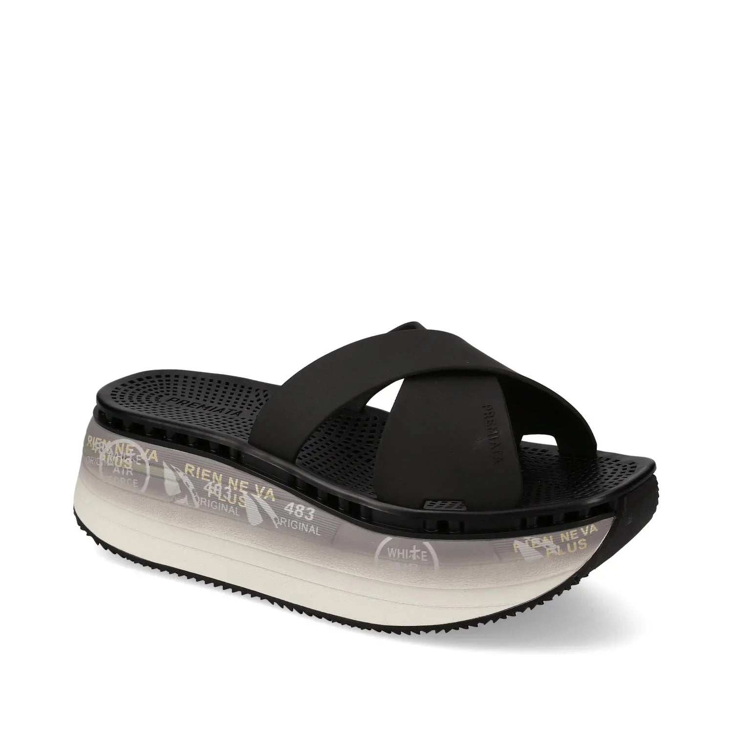 Sandalo platform donna nero con fascia incrociata e suola alta decorata, calzatura estiva trendy