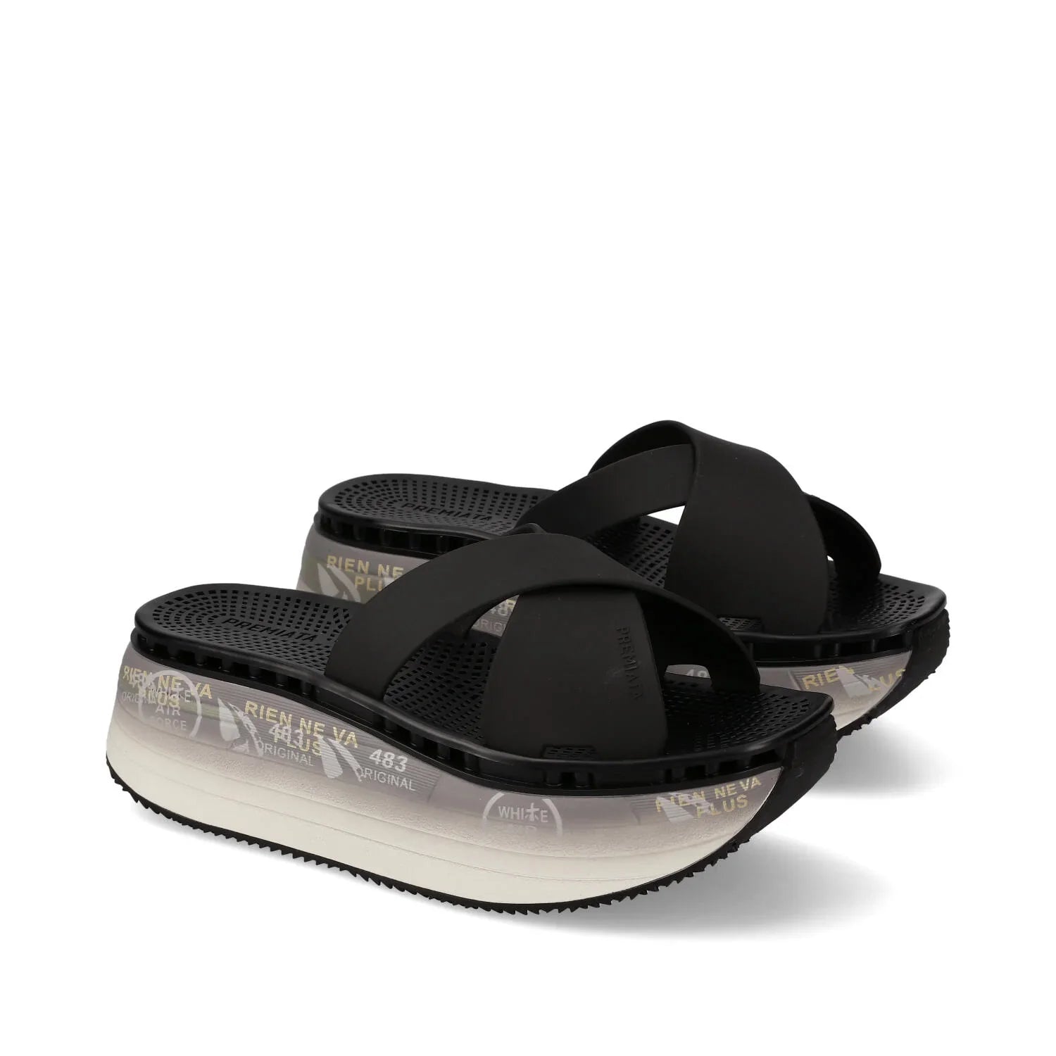 Sandali donna platform neri con fascia incrociata e suola alta decorata, moda estiva