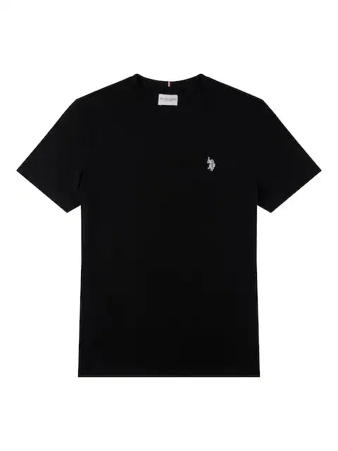 T-shirt nera uomo a maniche corte con logo ricamato bianco sul petto, stile casual