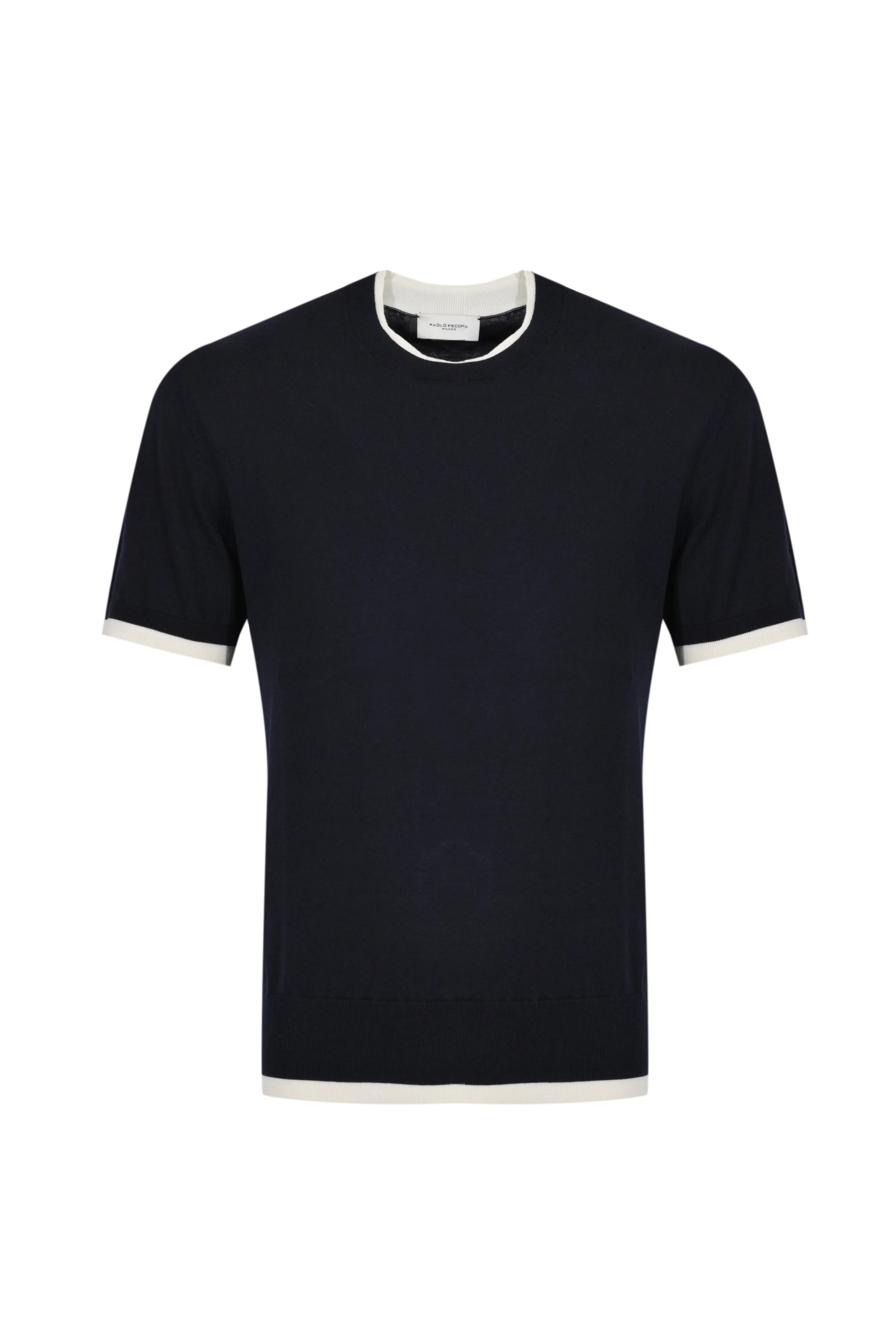 Maglia uomo blu scuro a maniche corte con bordi bianchi, stile elegante minimal