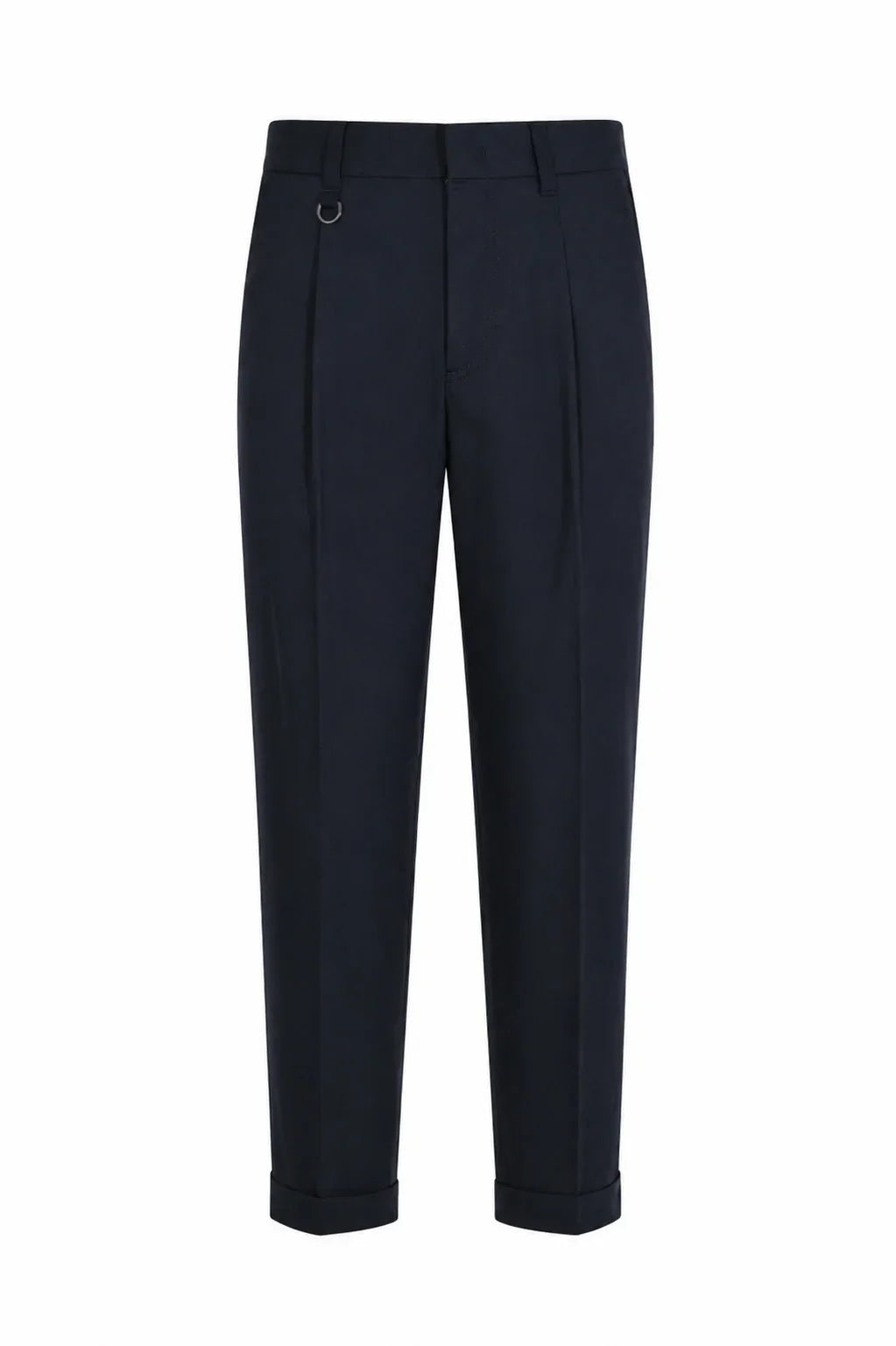 Pantaloni uomo eleganti blu scuro con pinces e risvolto, stile classico formale