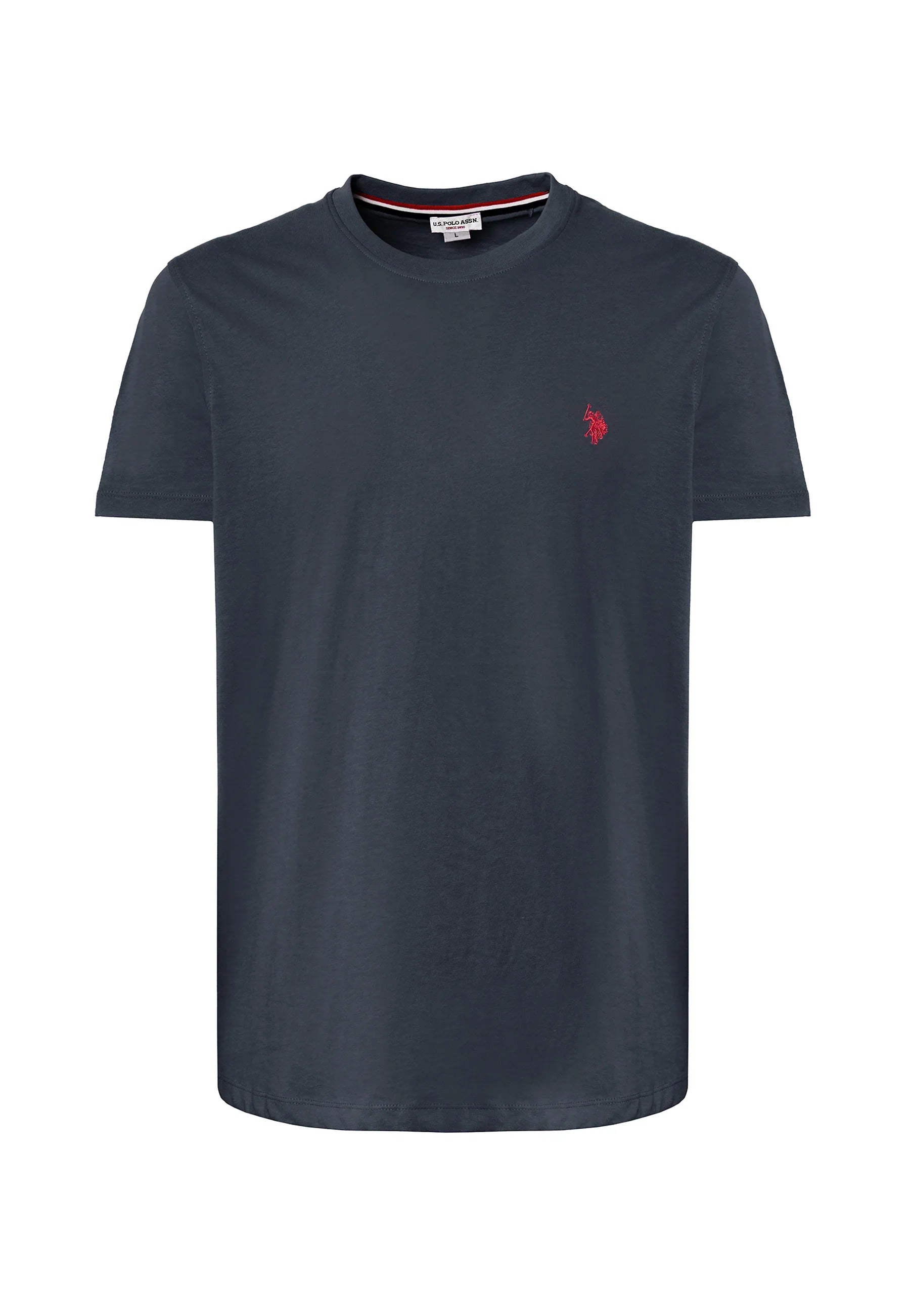 T-shirt uomo blu navy a manica corta con logo ricamato rosso sul petto, stile casual
