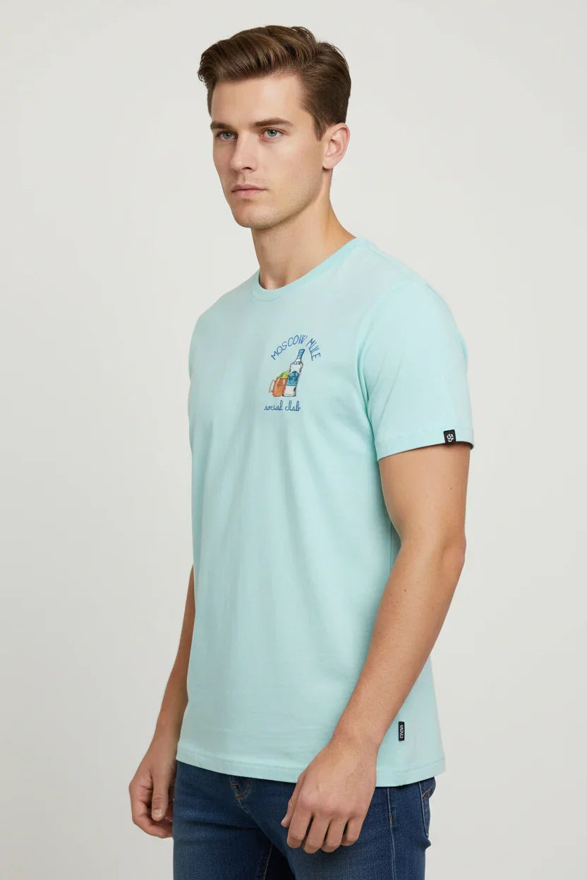 Maglietta azzurra da uomo con stampa Moscow Mule e scritta social club, abbigliamento casual