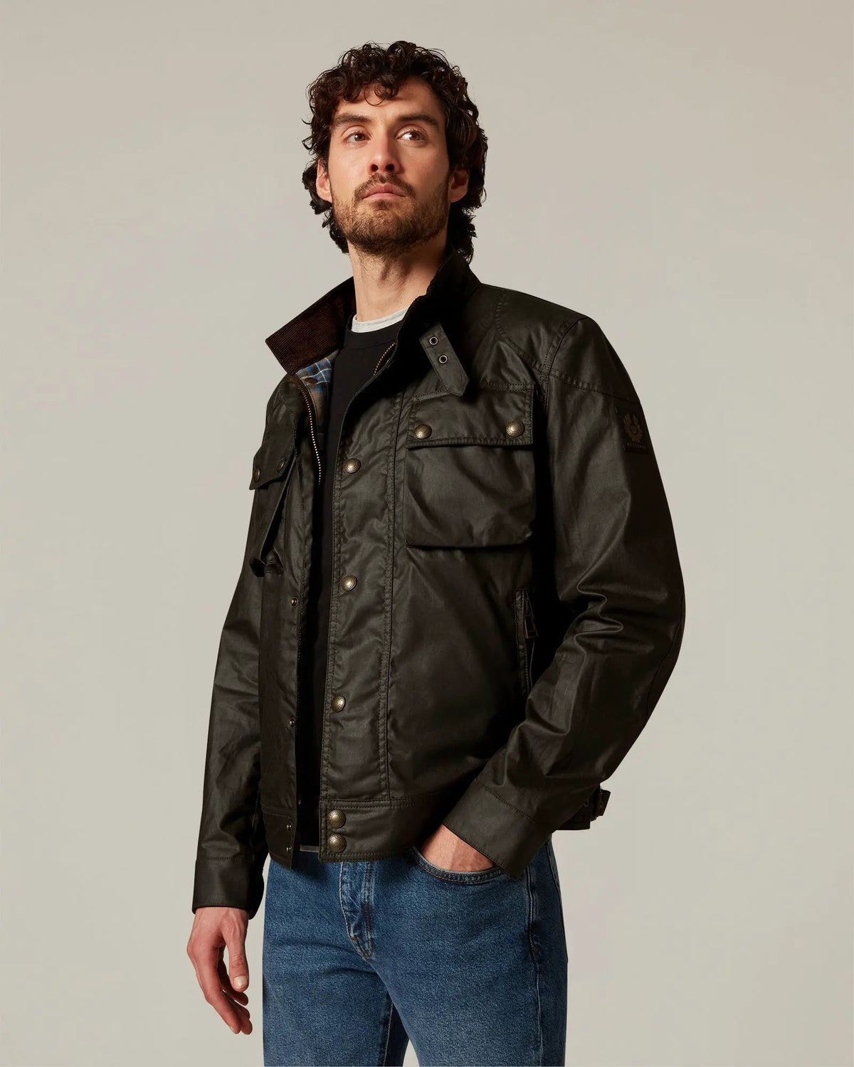 BELSTAFF Racemaster Icon Jacket Faded Olive - Dettaglio colletto e spalle