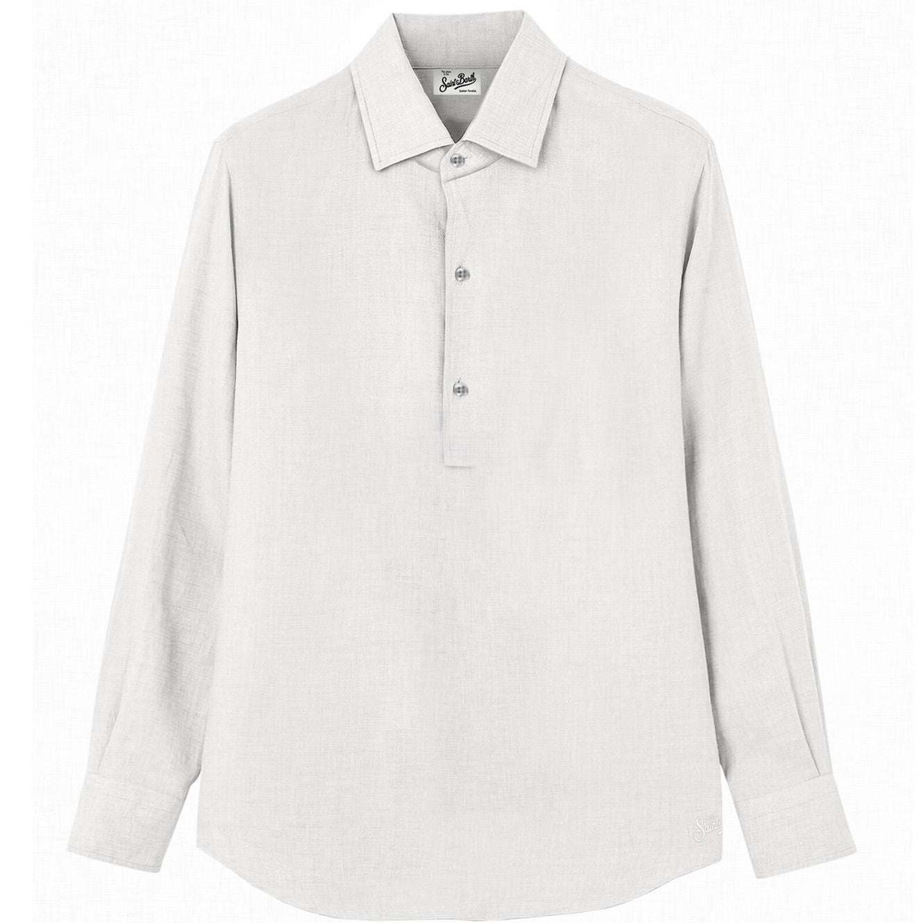 Camicia polo lunga Saint Barth Raphael in lino bianco, dettaglio collo e maniche, stile elegante e casual.