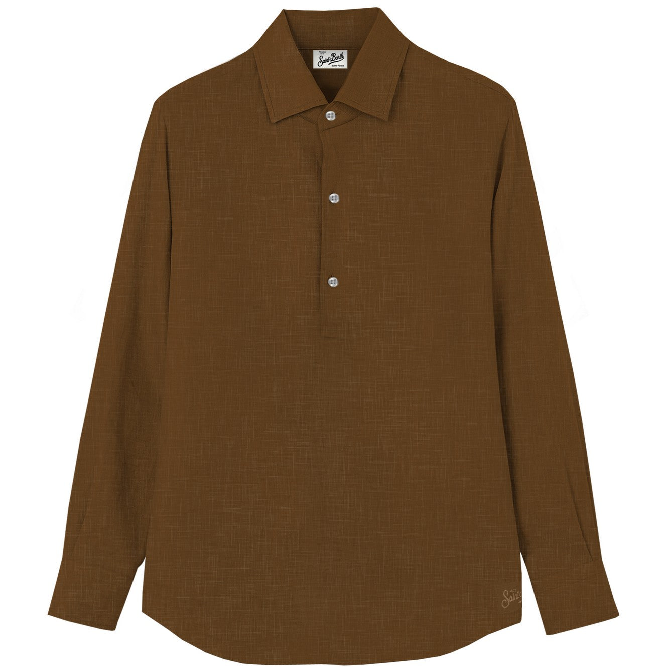 Camicia polo lunga Saint Barth Raphael in lino color cammello, dettaglio di colletto e bottoni, tessuto traspirante e elegante.