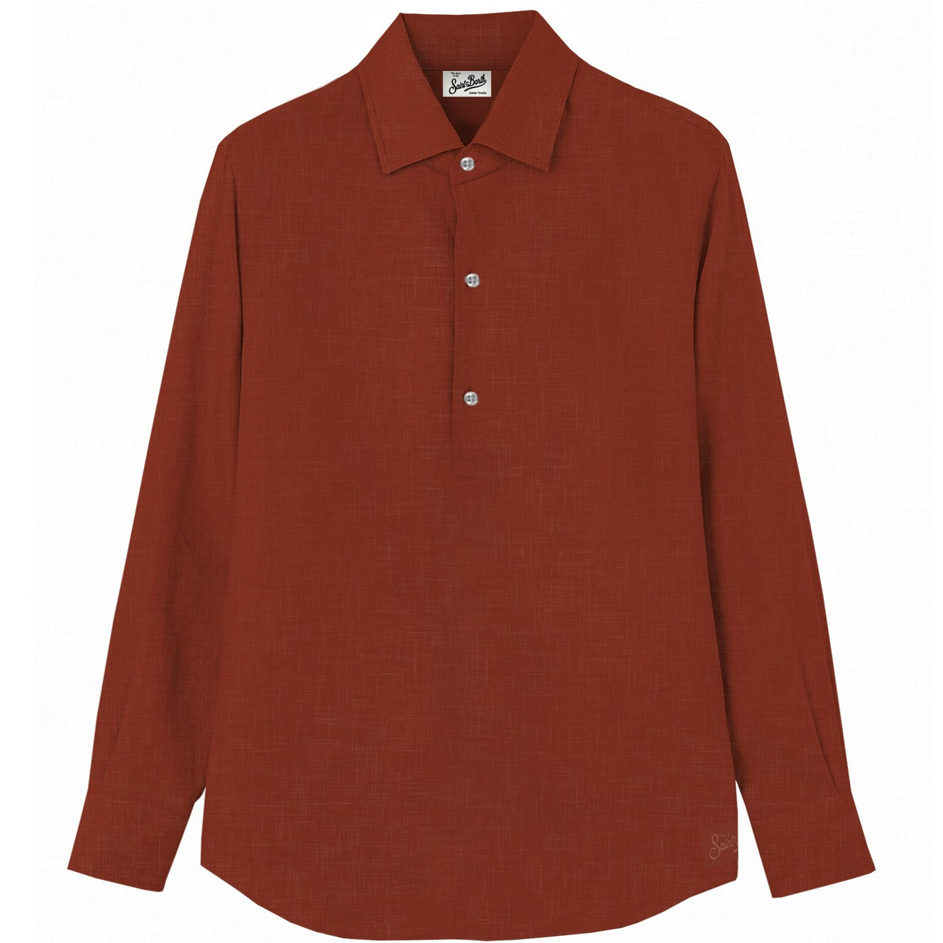 Camicia polo lunga Saint Barth Raphael in lino color mattone, dettaglio maniche e tessuto morbido visibile in immagine.