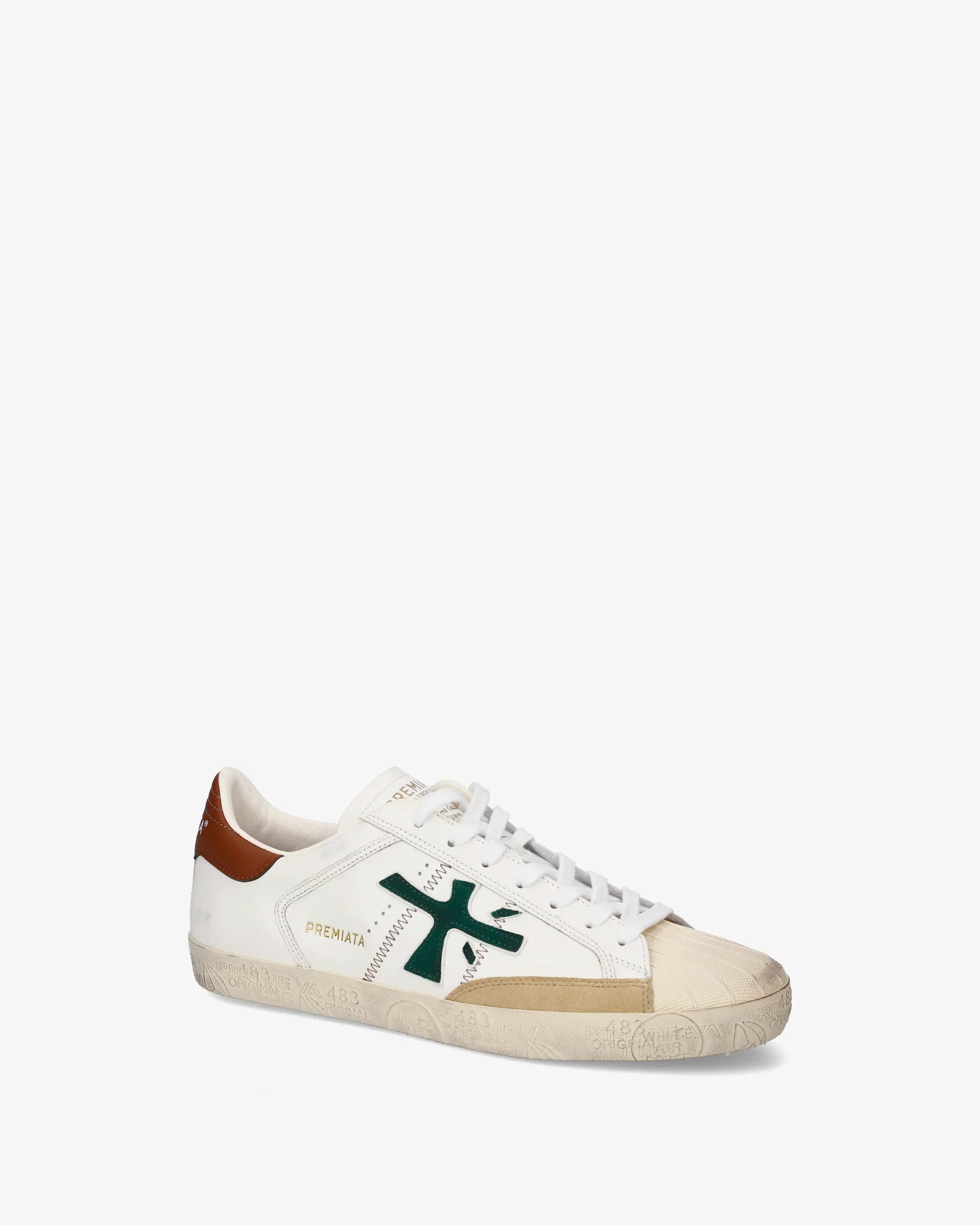 Sneaker uomo bianca con dettagli verdi e marroni, suola beige, stile casual
