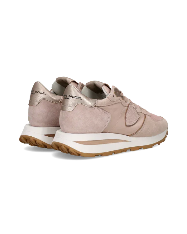 Sneakers donna rosa beige in pelle e suede con dettagli dorati, suola alta, stile casual