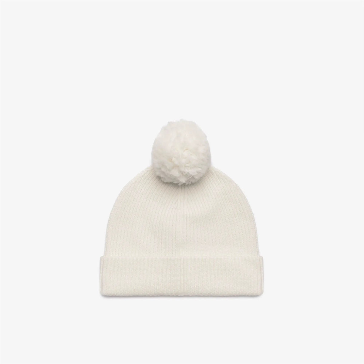 K-Way Vincienne Cardigan Stitch Wool beanie, colore White Natural (490) dettaglio pompon e risvolto