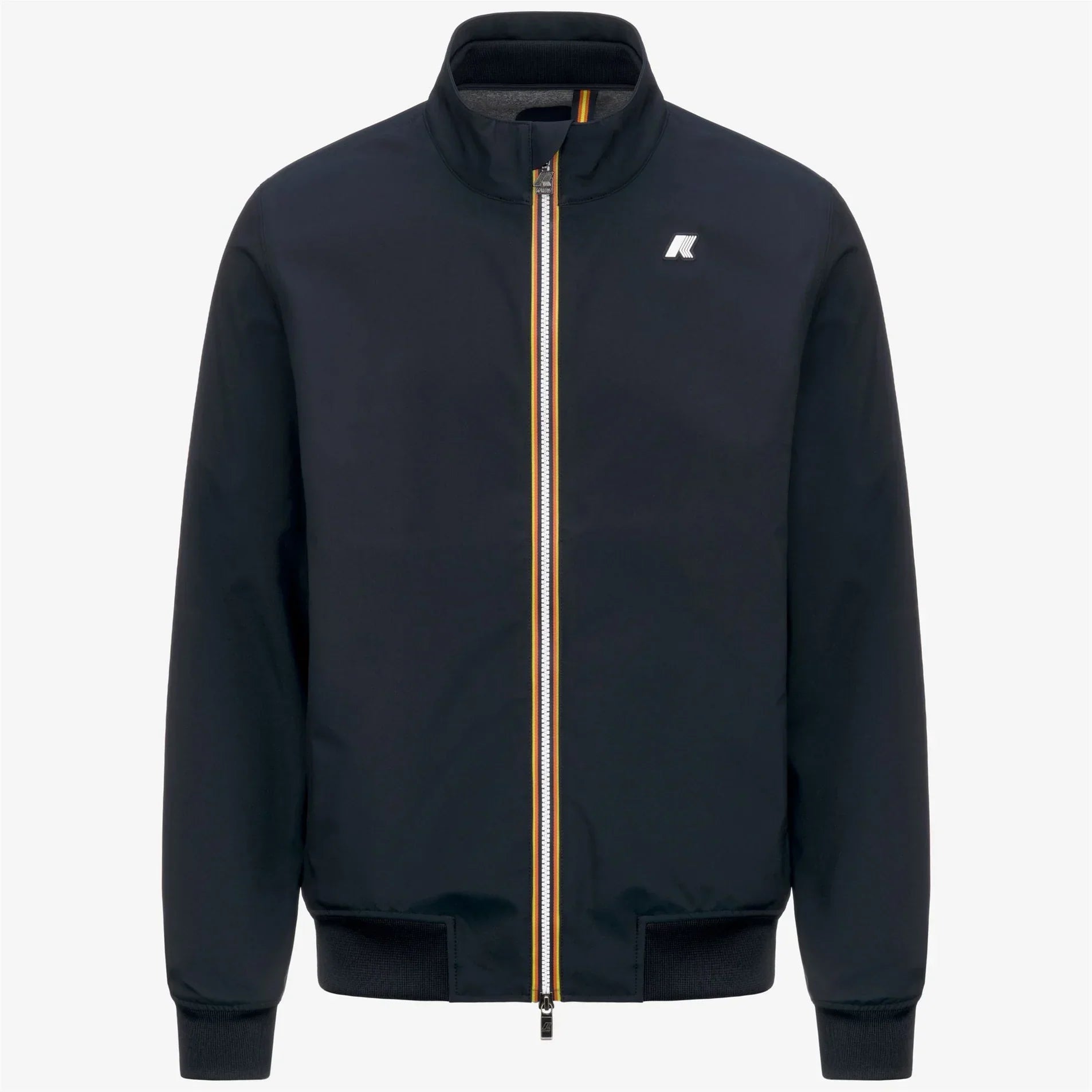 Giubbotto uomo blu scuro con zip gialla, stile bomber, abbigliamento casual eleganza.