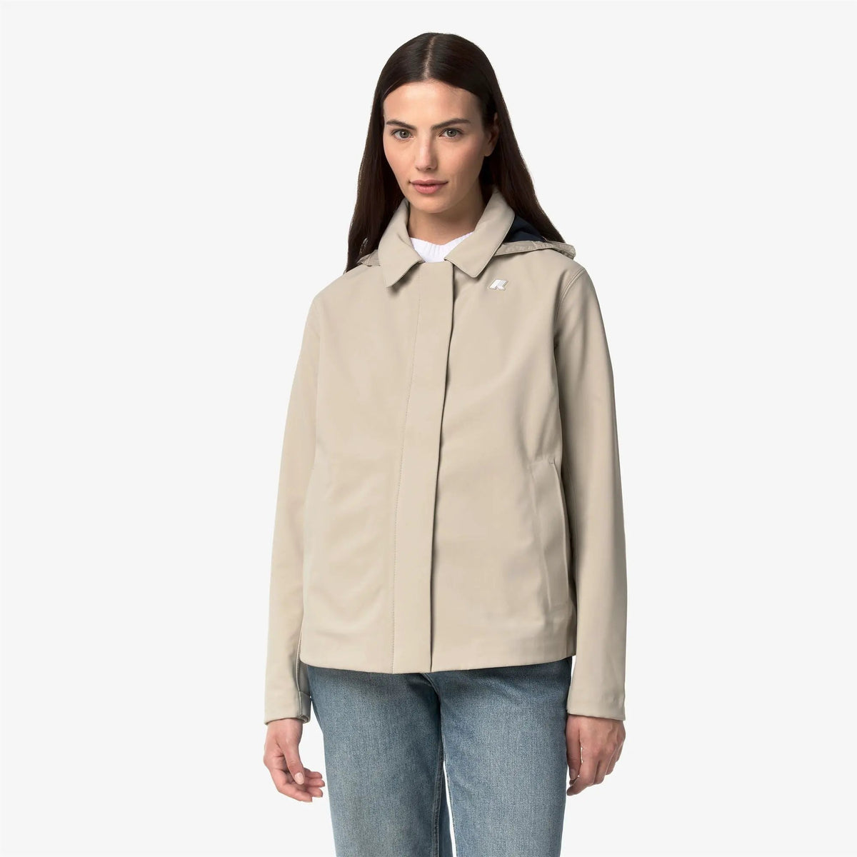 Giacca da donna K-Way Bleizou Bonded - Beige Cashmere / Blue Depth, vista frontale.