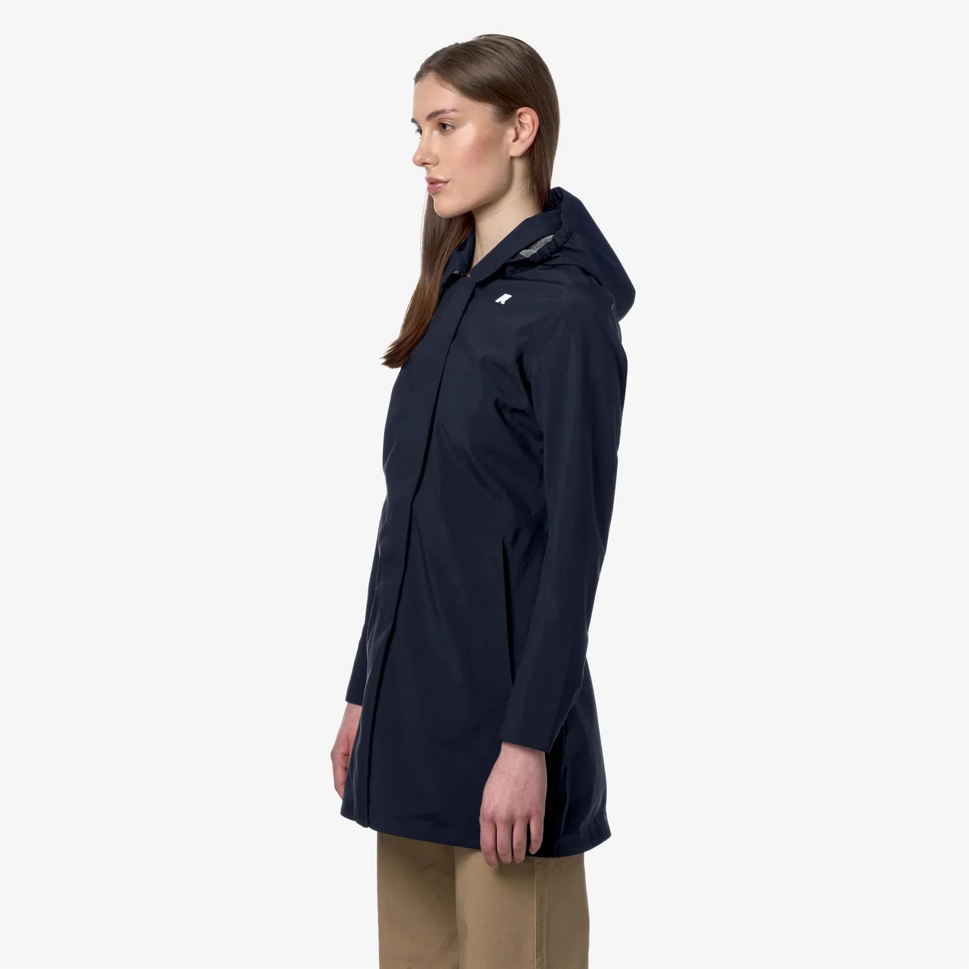 Donna con parka blu navy impermeabile con cappuccio, abbigliamento donna elegante