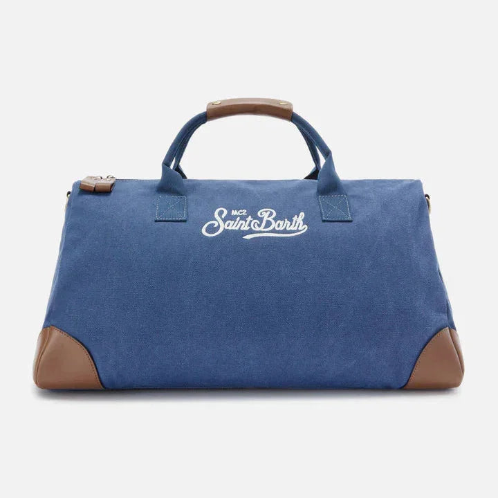 Borsone accessorio uomo in tessuto blu con angoli marroni e logo Saint Barth bianco
