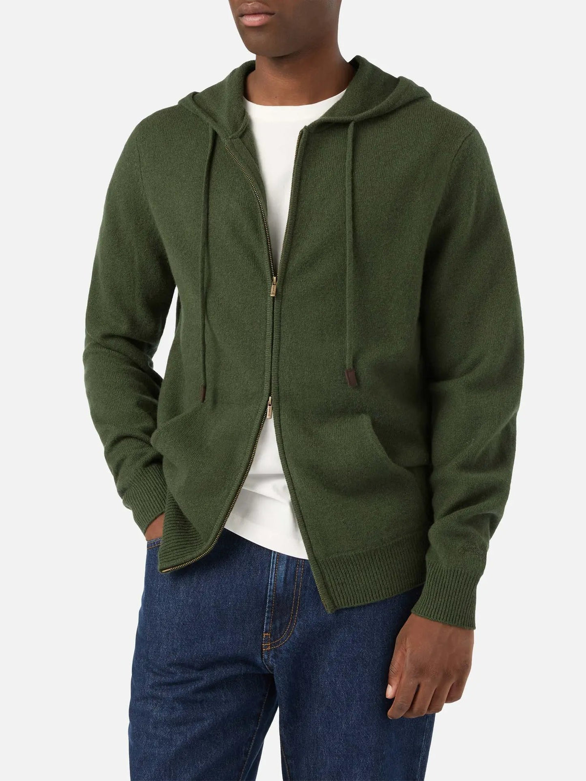 Maglione uomo con cappuccio e zip in lambswool verde militare Saint Barth Notting - Dettaglio tessuto e zip