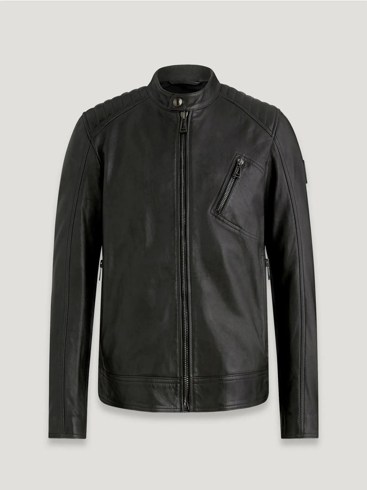 Vista frontale della giacca in pelle nera V Racer Belstaff con zip e trapuntatura sulle spalle