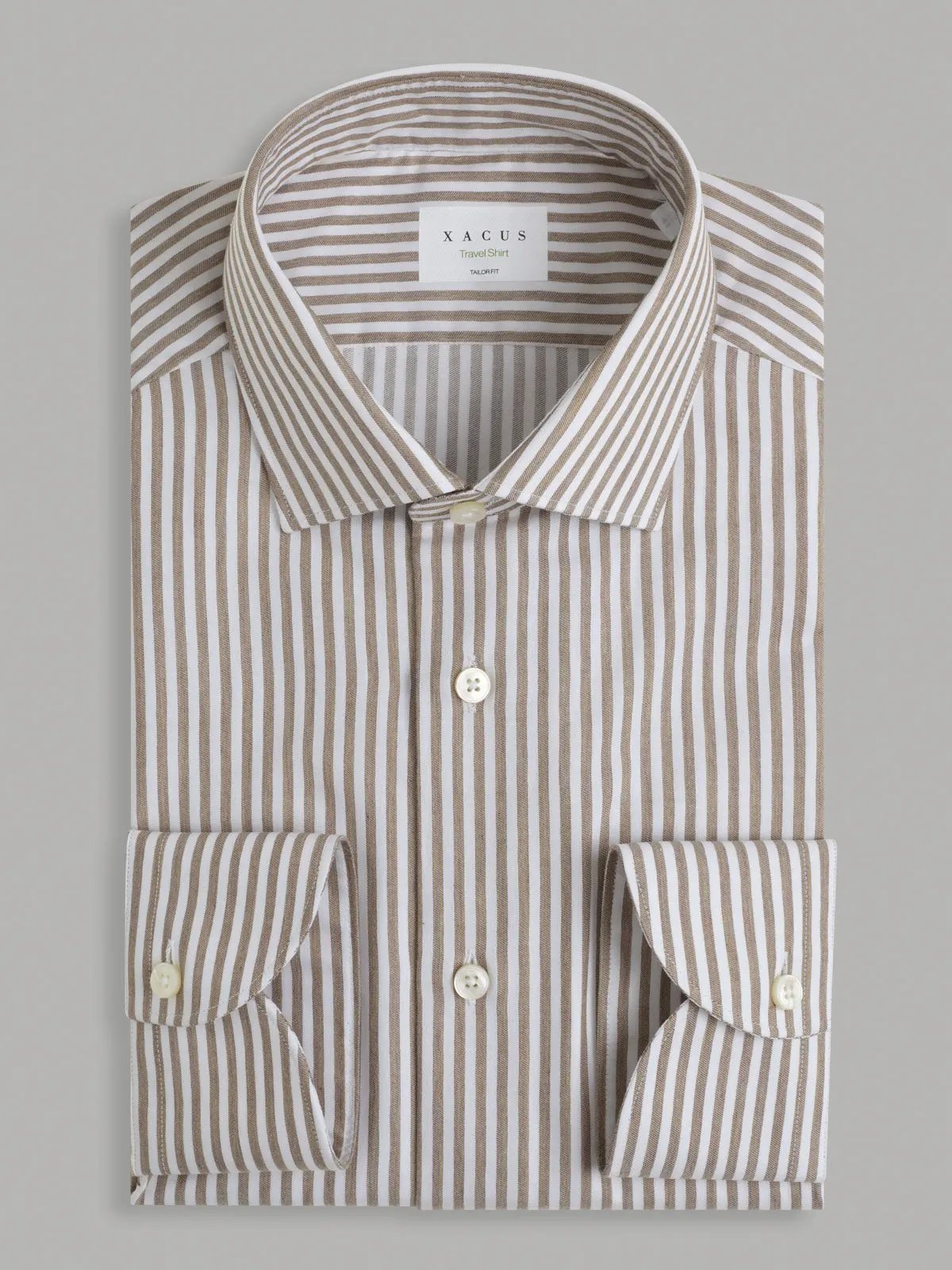 Camicia da uomo Xacus a righe in twill color ocra/cammello e bianco - Vista anteriore completo
