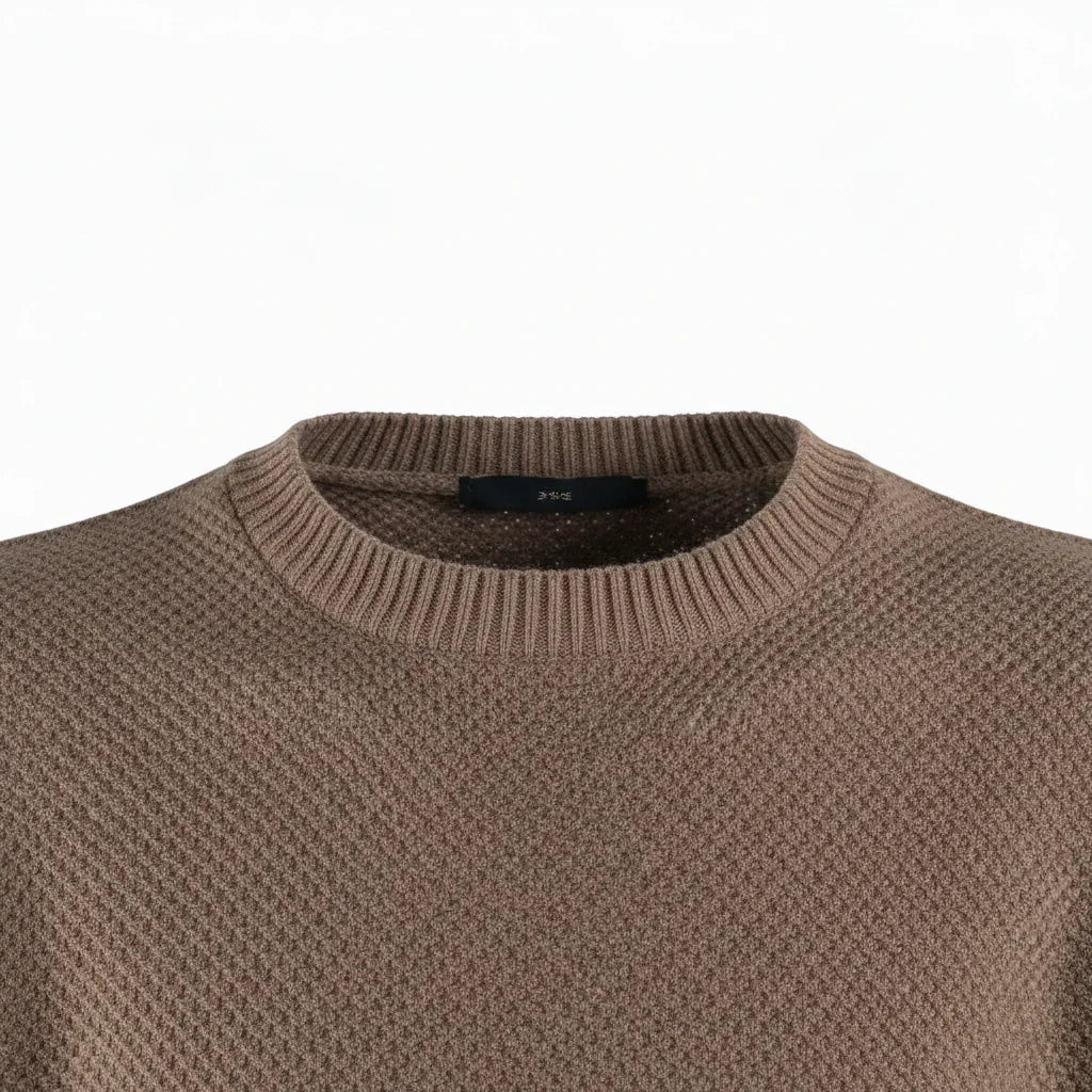 Maglione uomo beige girocollo a trama waffle, moda abbigliamento elegante casual