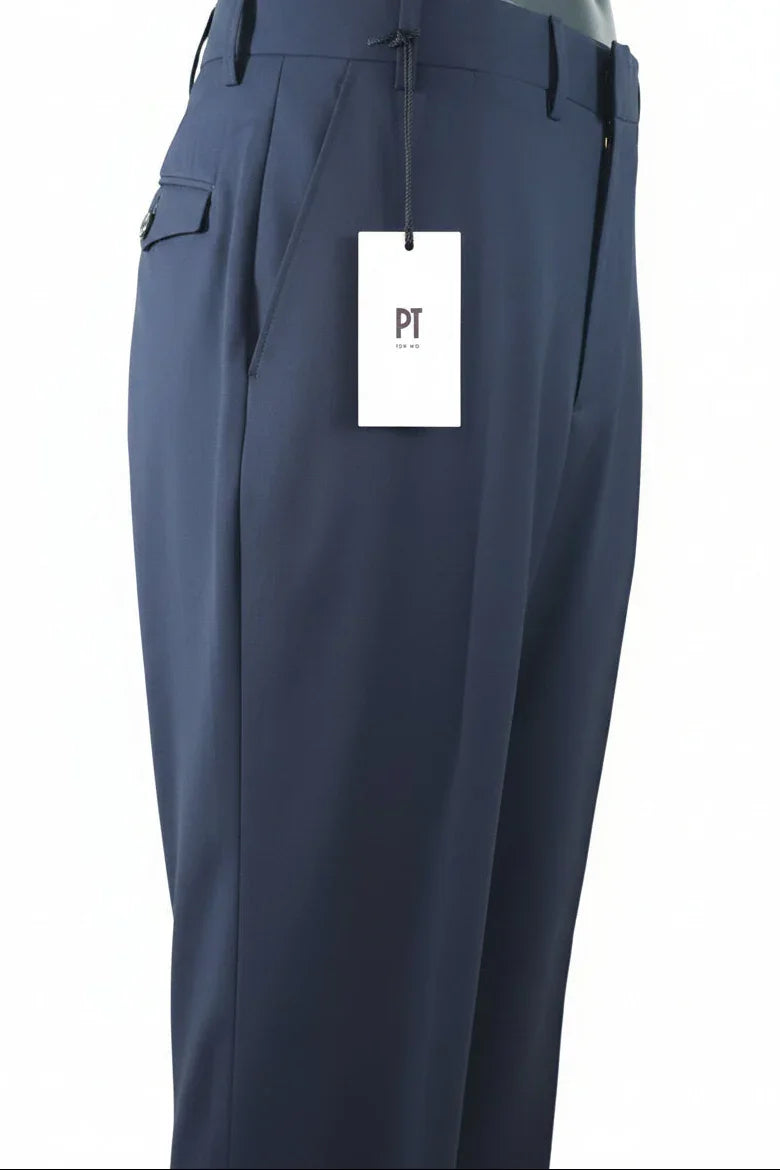 Pantaloni uomo eleganti blu con etichetta, tasca laterale e tessuto Made in Italy