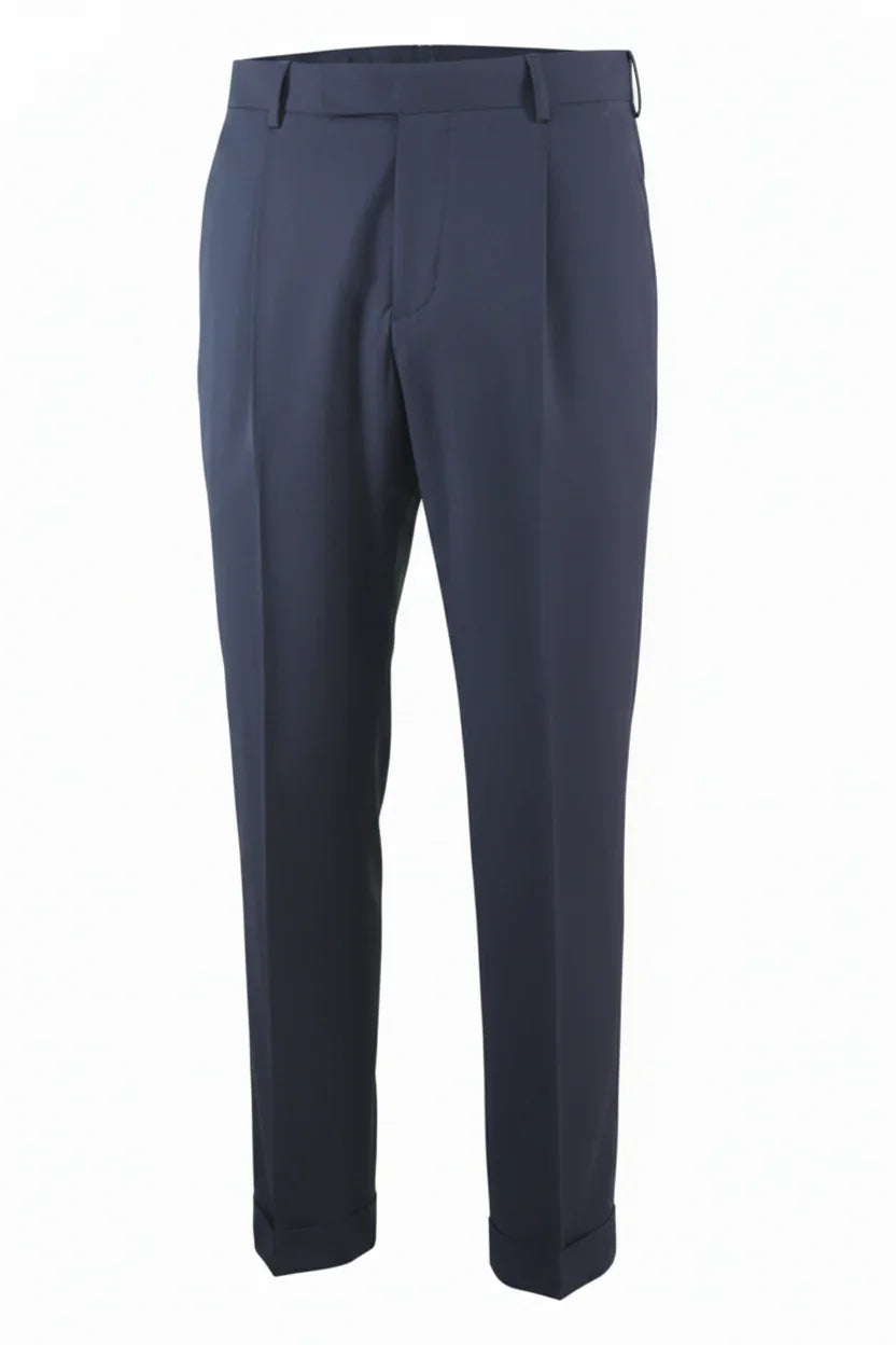 Pantaloni eleganti uomo blu in tessuto sartoriale con risvolto, moda abbigliamento uomo