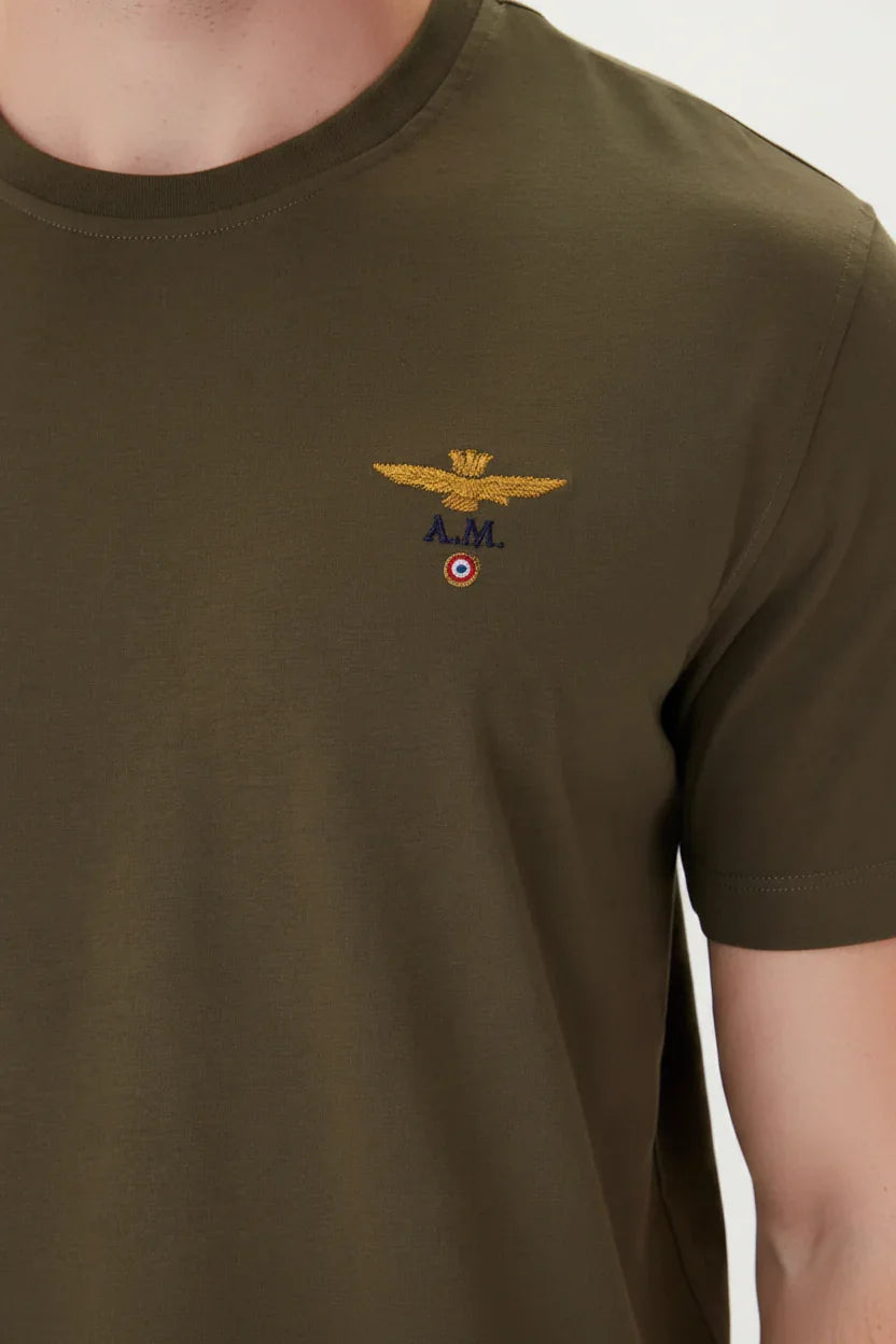 T-shirt verde regular fit da uomo con logo ricamato dorato e dettaglio tricolore sul petto