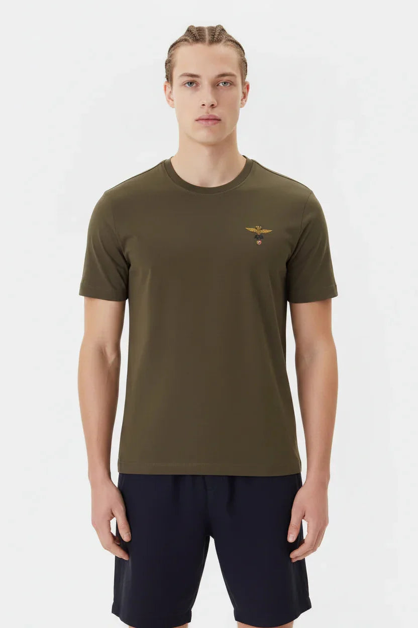 T-shirt verde militare da uomo a manica corta, regular fit, con logo ricamato sul petto