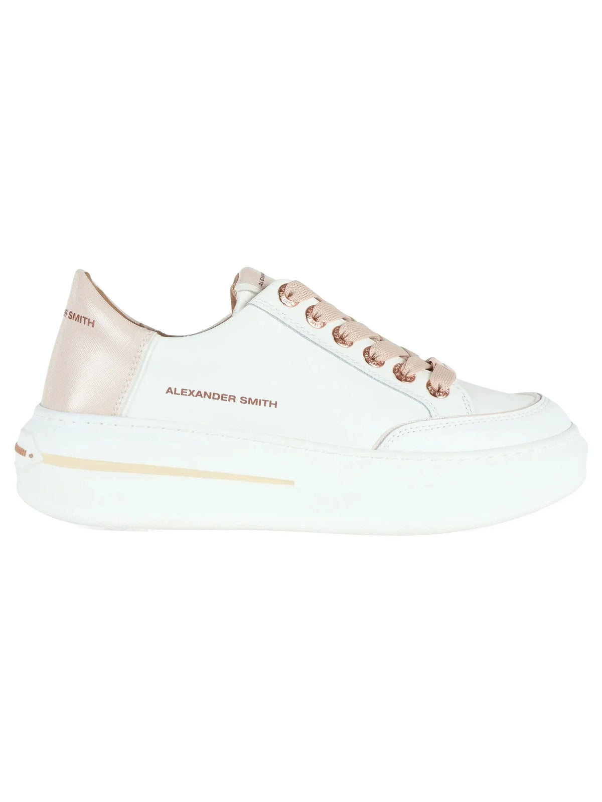 Sneaker donna bianca e beige con dettagli rosa chiaro, fondo spesso, stile moderno elegante